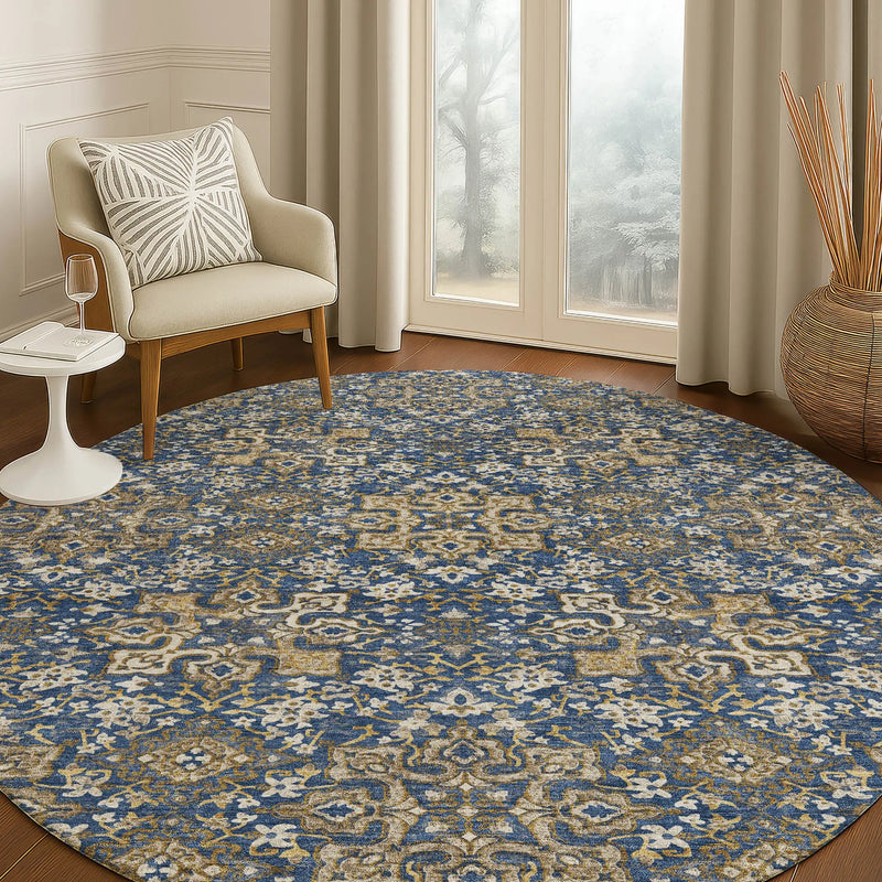 8' Navy Blue And Silver Round Oriental Washable Indoor Outdoor Area Rug Homeroots Outdoor