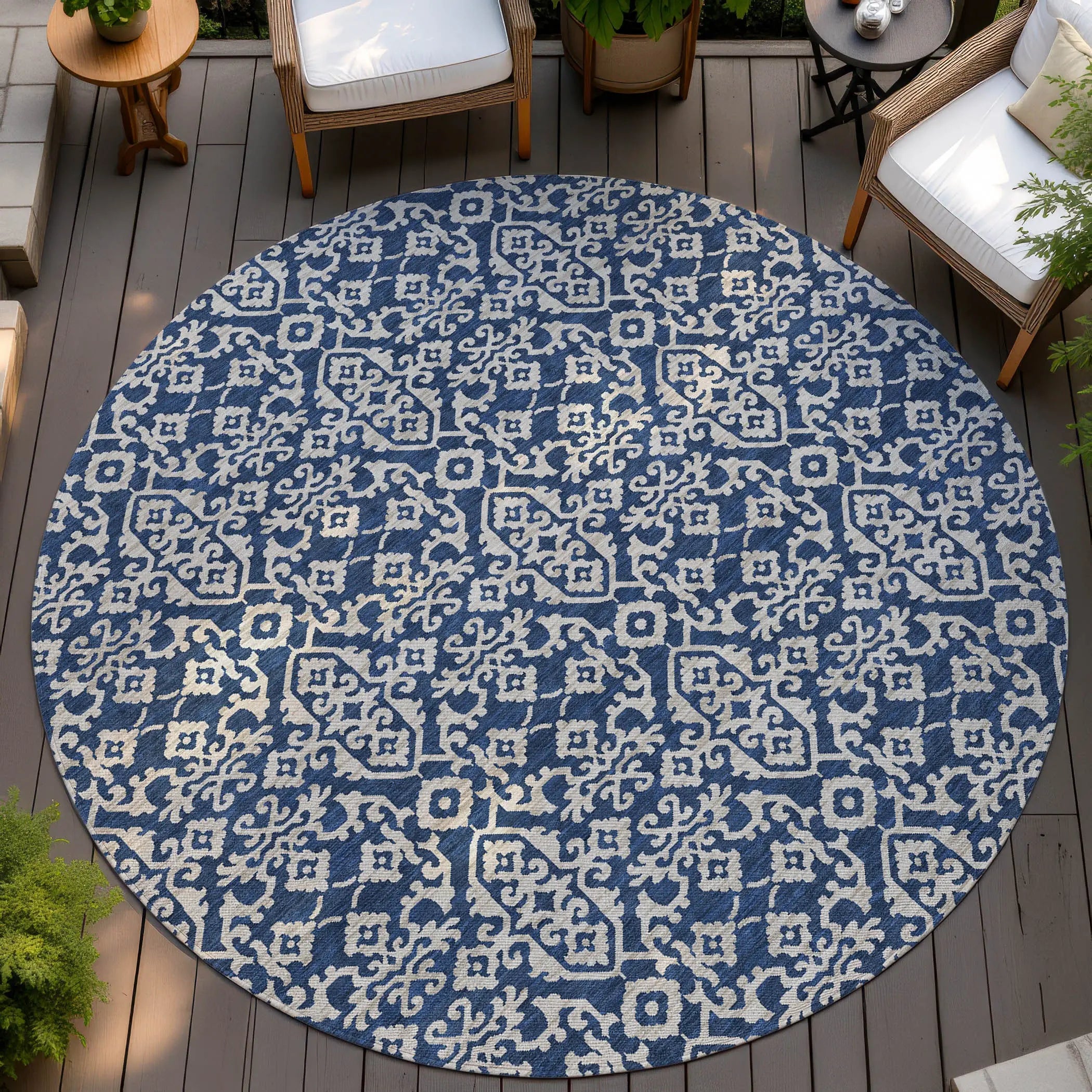 8' Navy Blue And Silver Round Oriental Washable Indoor Outdoor Area Rug Homeroots Outdoor