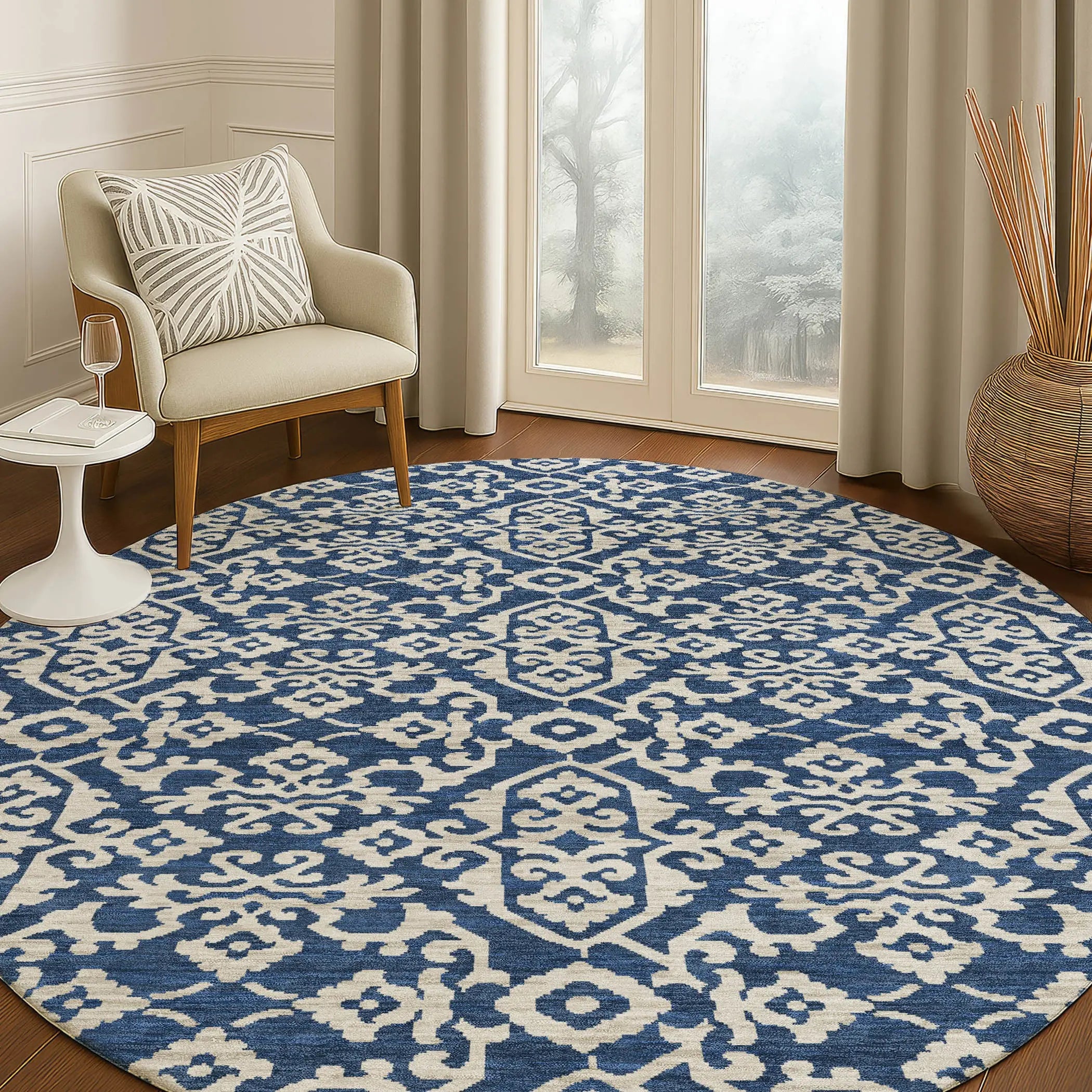 8' Navy Blue And Silver Round Oriental Washable Indoor Outdoor Area Rug Homeroots Outdoor