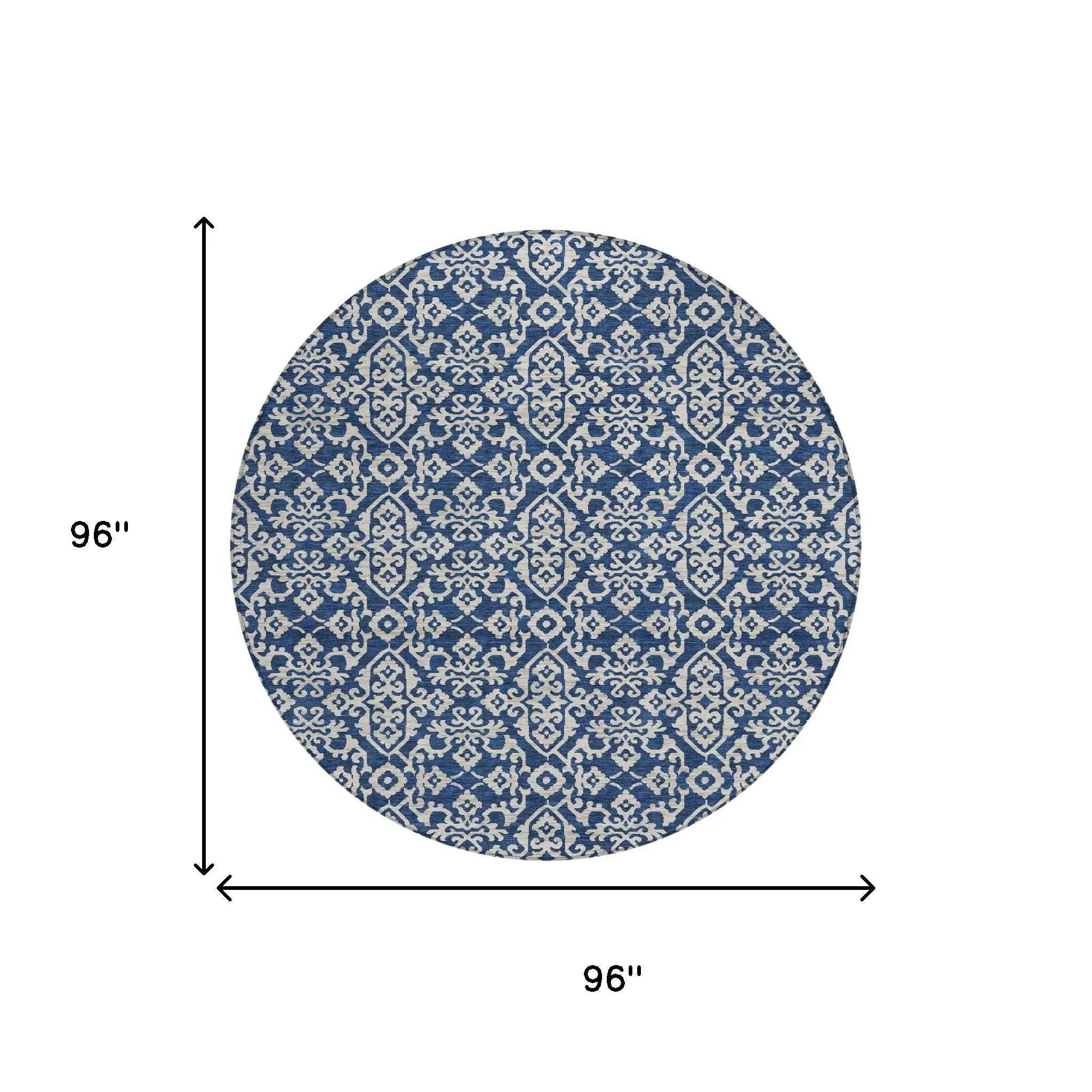 8' Navy Blue And Silver Round Oriental Washable Indoor Outdoor Area Rug Homeroots Outdoor