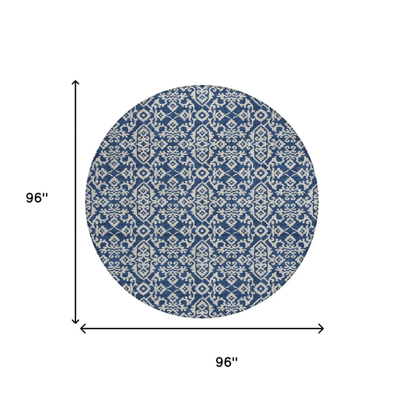 8' Navy Blue And Silver Round Oriental Washable Indoor Outdoor Area Rug Homeroots Outdoor