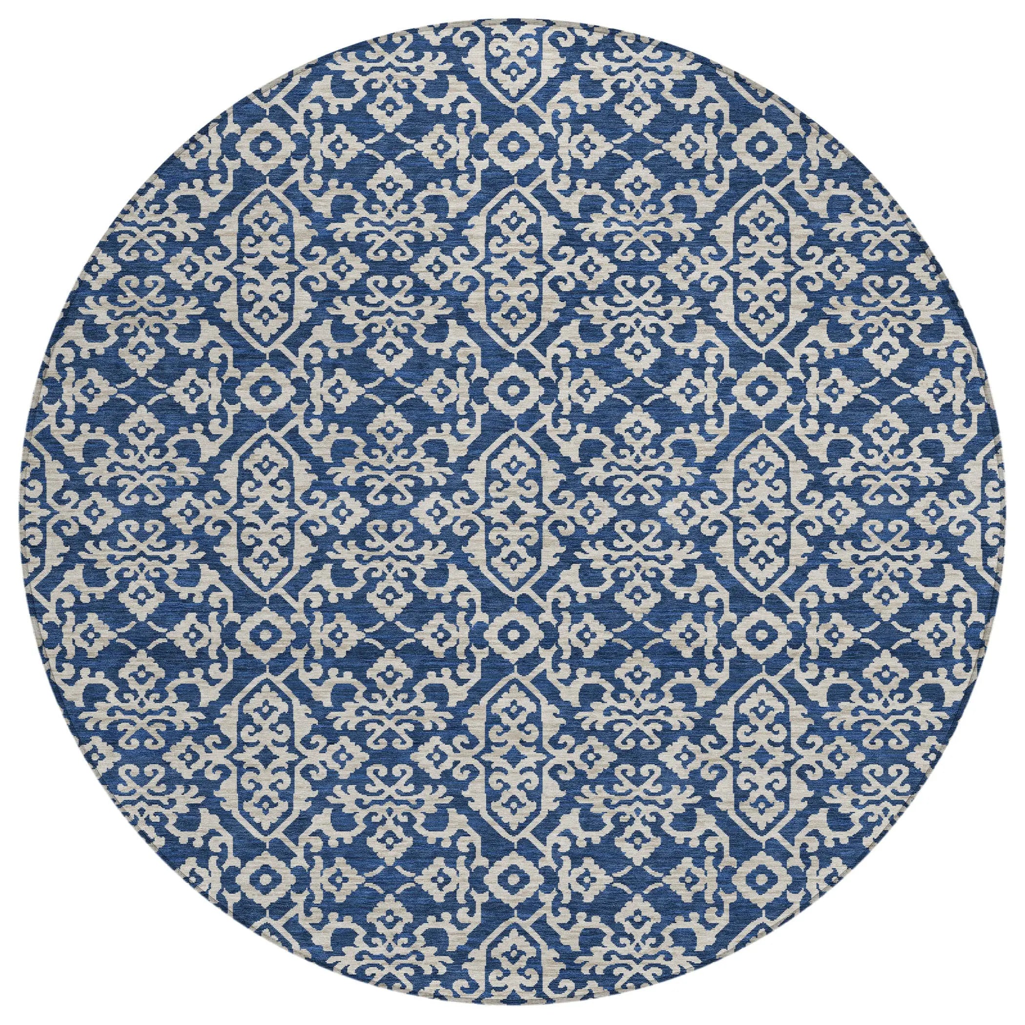 8' Navy Blue And Silver Round Oriental Washable Indoor Outdoor Area Rug Homeroots Outdoor