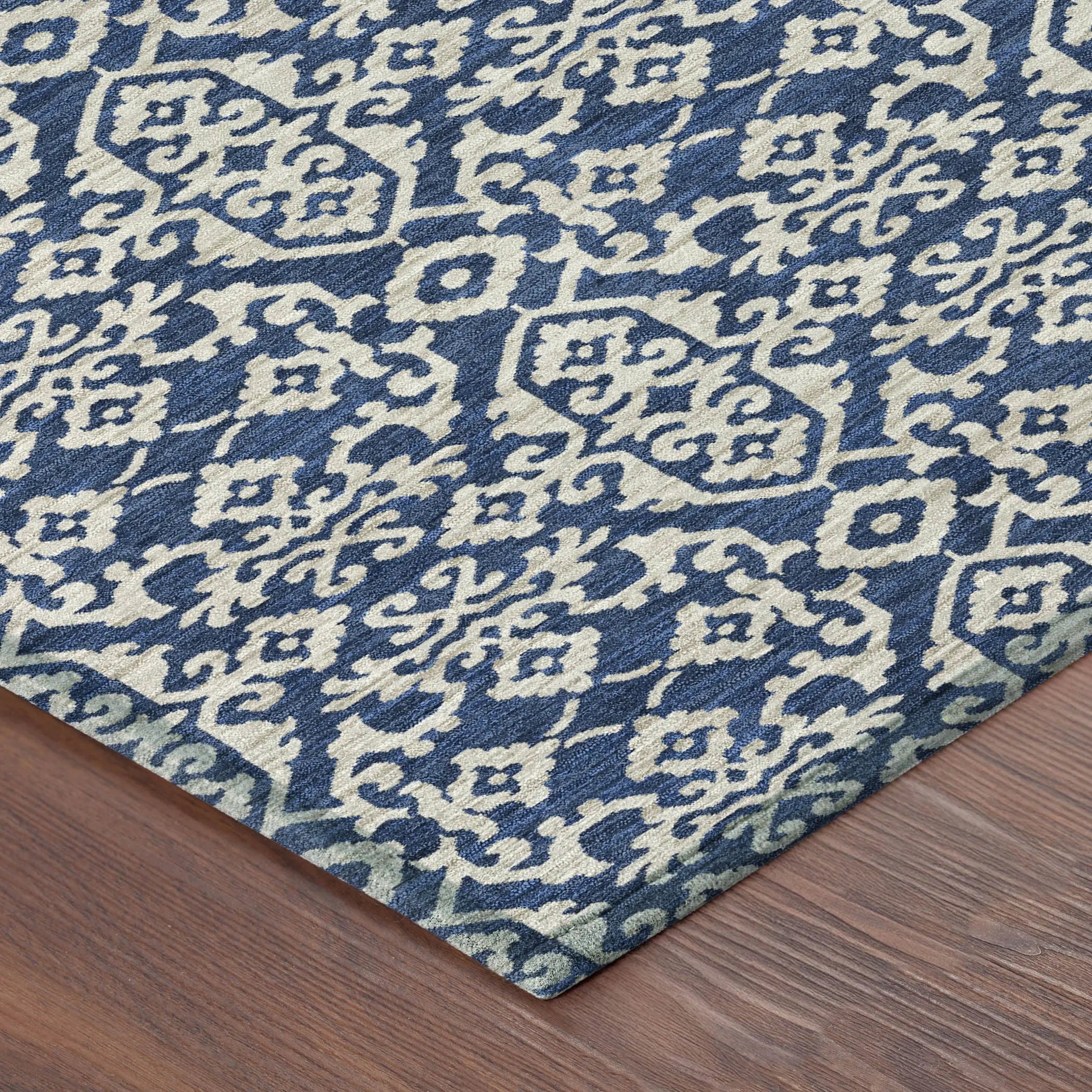 8' Navy Blue And Silver Round Oriental Washable Indoor Outdoor Area Rug Homeroots Outdoor