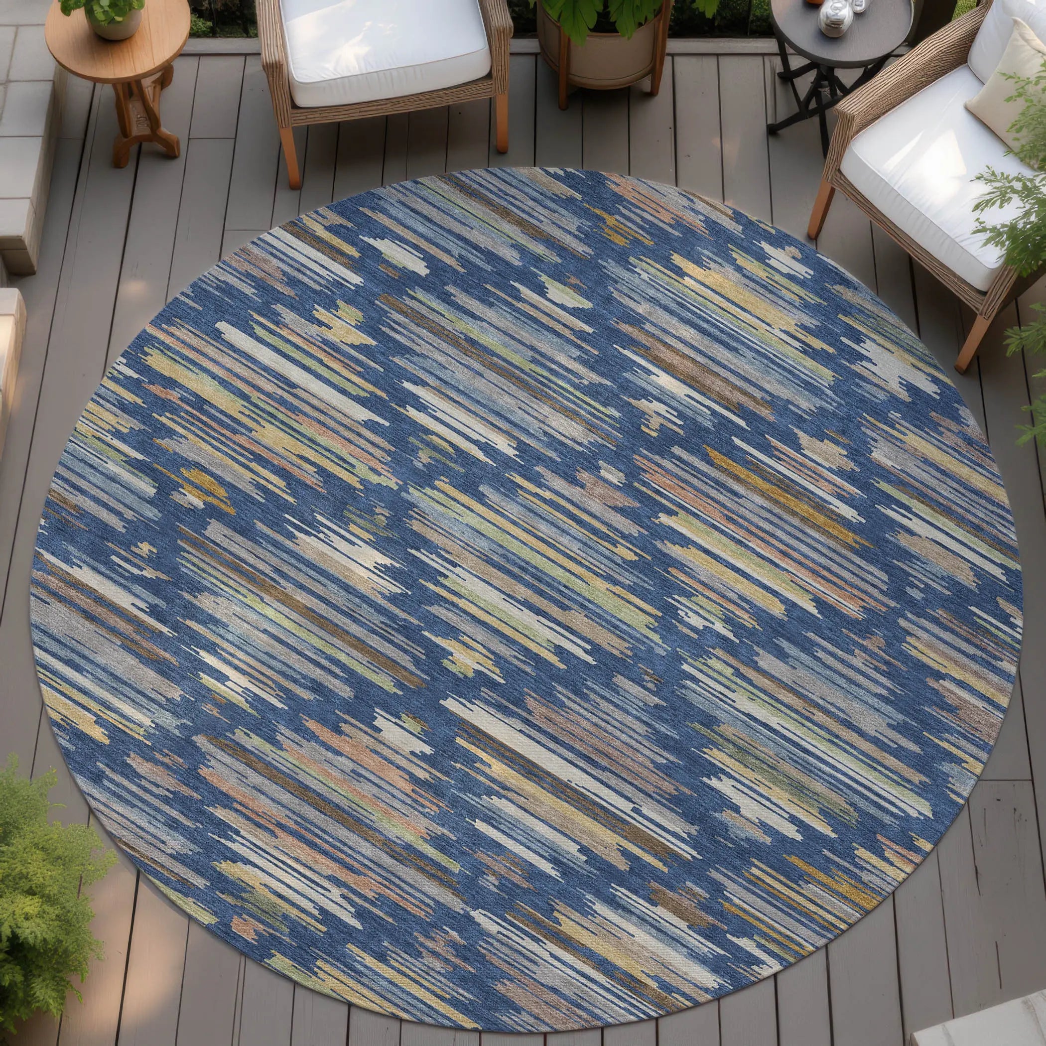 8' Navy Blue And Silver Round Southwestern Washable Indoor Outdoor Area Rug Homeroots Outdoor