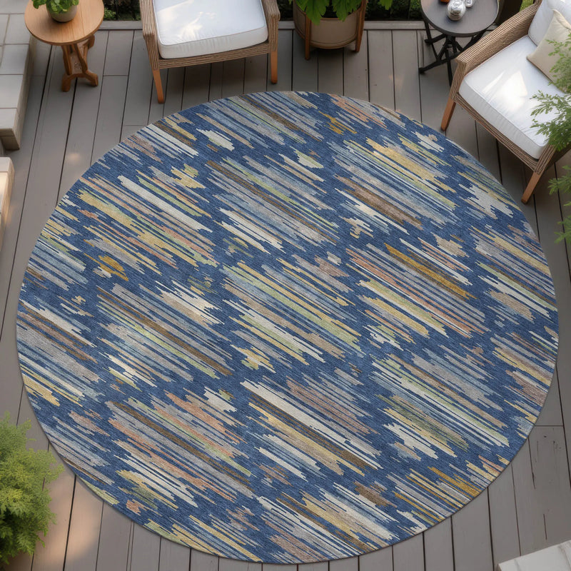 8' Navy Blue And Silver Round Southwestern Washable Indoor Outdoor Area Rug Homeroots Outdoor
