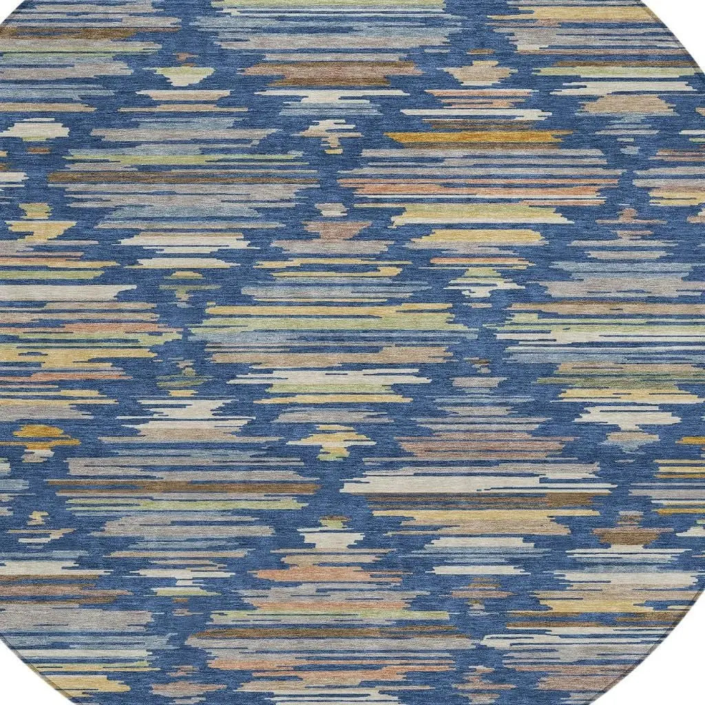 8' Navy Blue And Silver Round Southwestern Washable Indoor Outdoor Area Rug Homeroots Outdoor