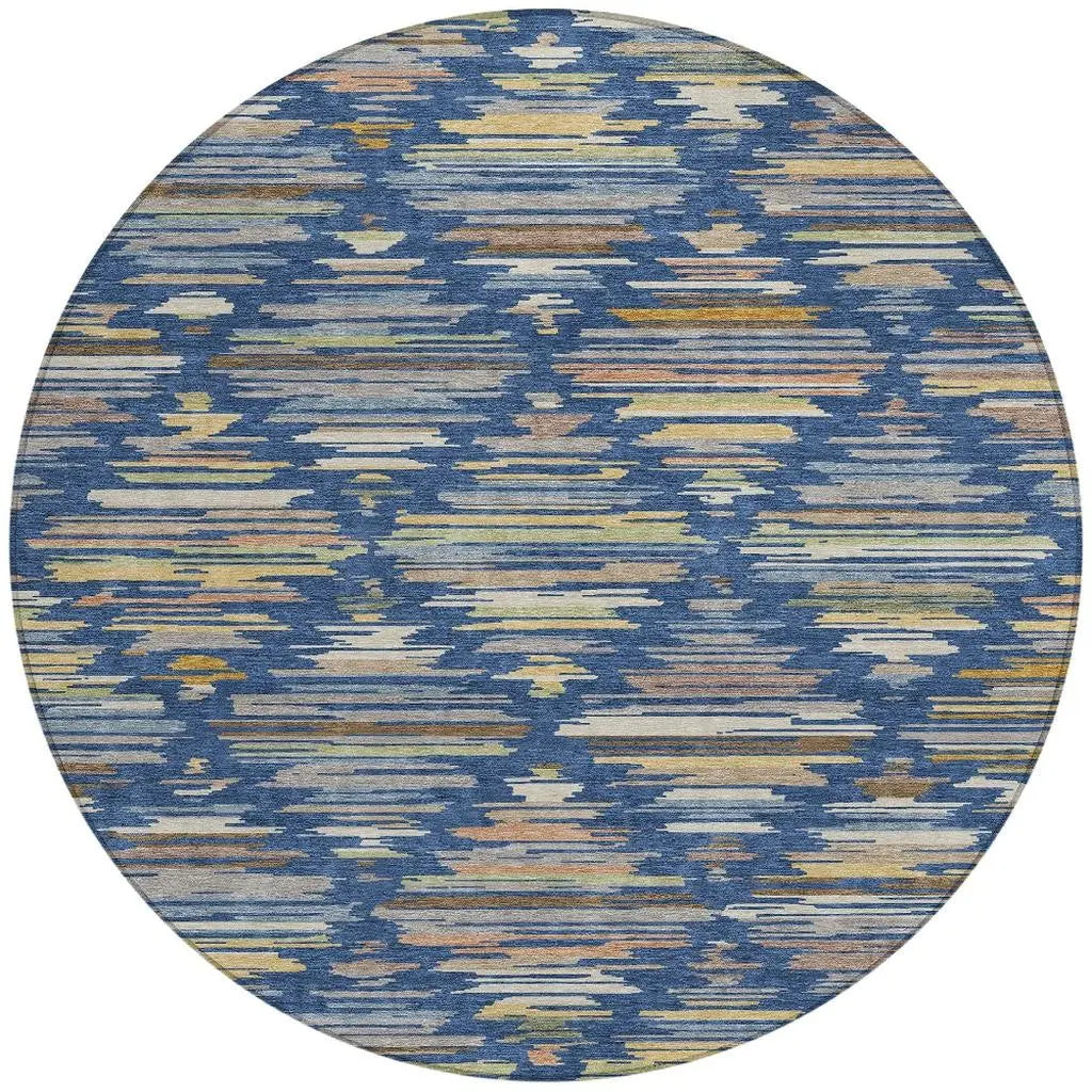 8' Navy Blue And Silver Round Southwestern Washable Indoor Outdoor Area Rug Homeroots Outdoor