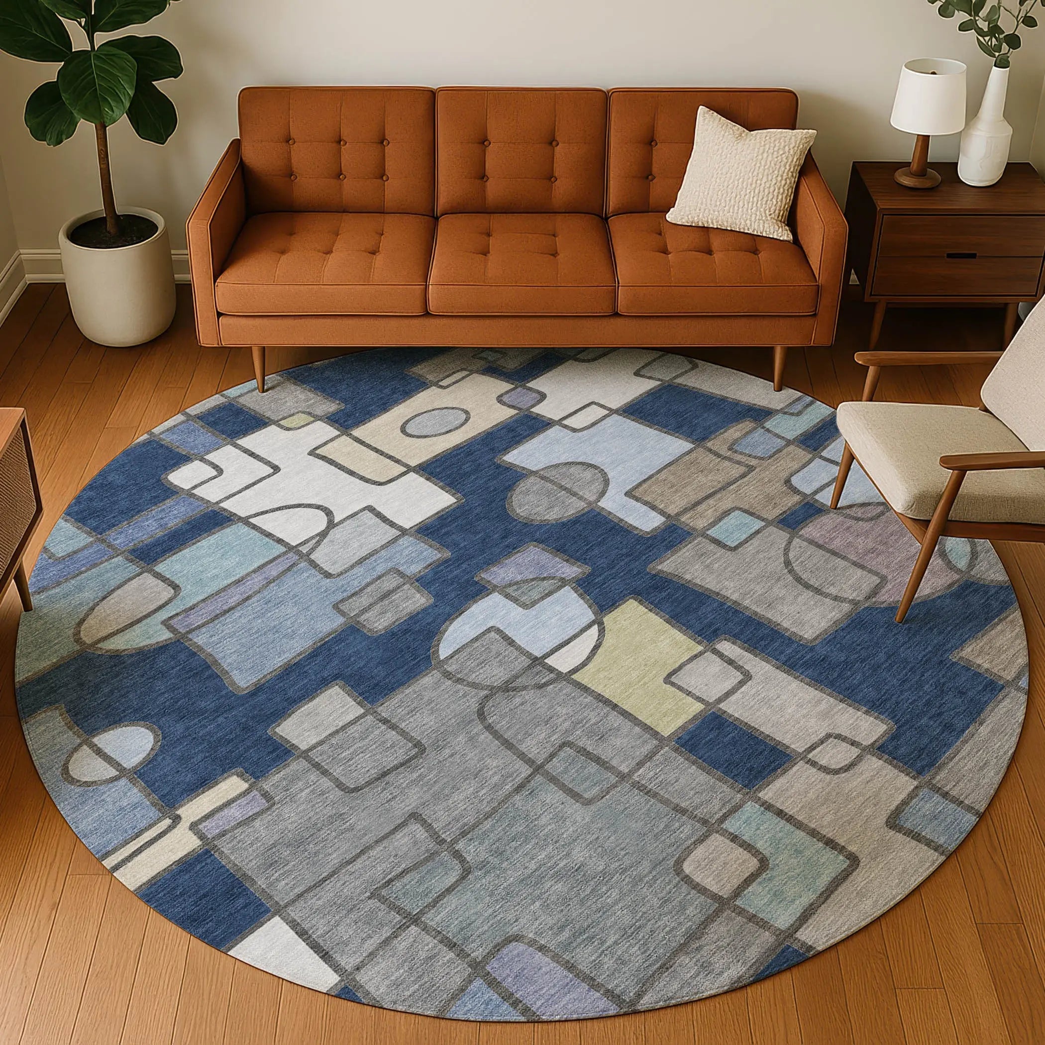 8' Navy Blue And Sky Blue Round Geometric Washable Indoor Outdoor Area Rug Homeroots Outdoor