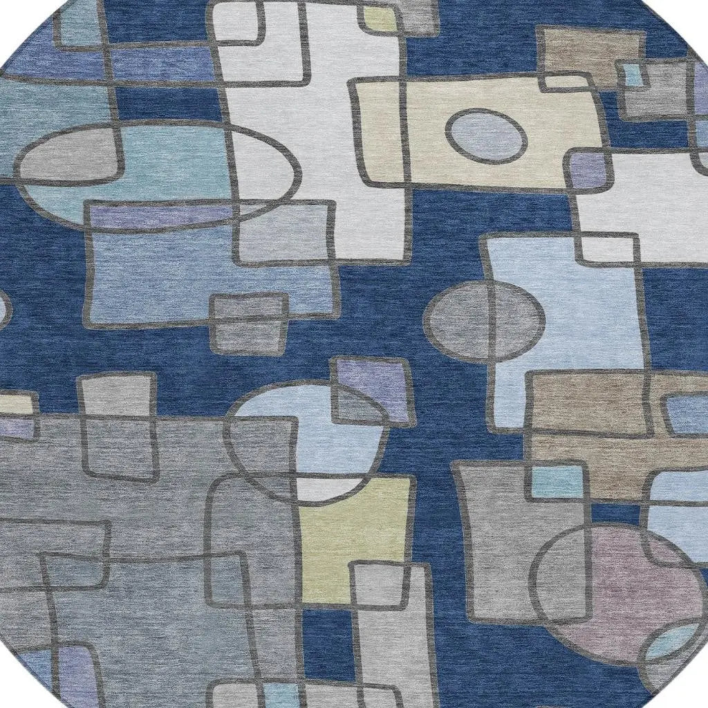 8' Navy Blue And Sky Blue Round Geometric Washable Indoor Outdoor Area Rug Homeroots Outdoor
