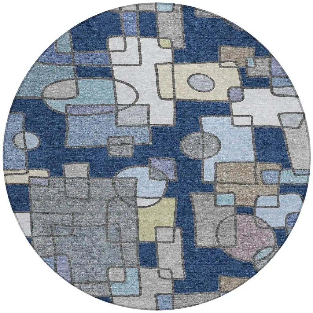 8' Navy Blue And Sky Blue Round Geometric Washable Indoor Outdoor Area Rug Homeroots Outdoor