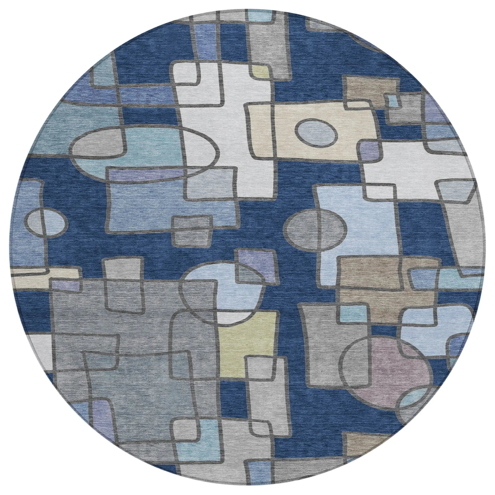 8' Navy Blue And Sky Blue Round Geometric Washable Indoor Outdoor Area Rug Homeroots Outdoor
