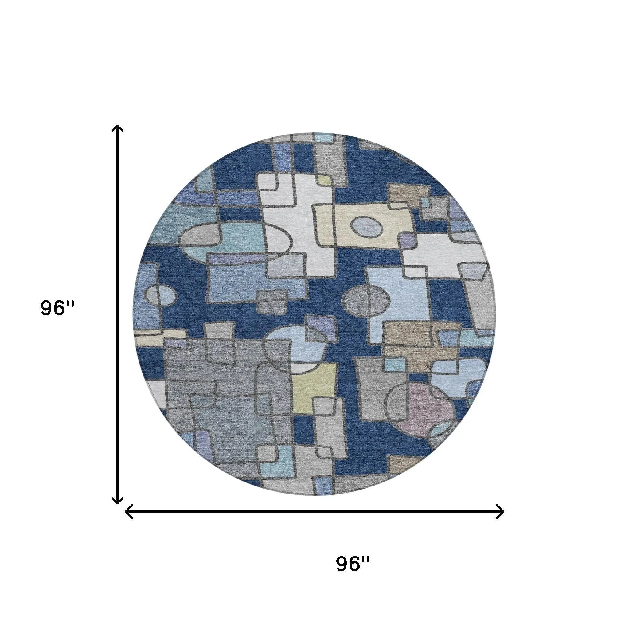 8' Navy Blue And Sky Blue Round Geometric Washable Indoor Outdoor Area Rug Homeroots Outdoor