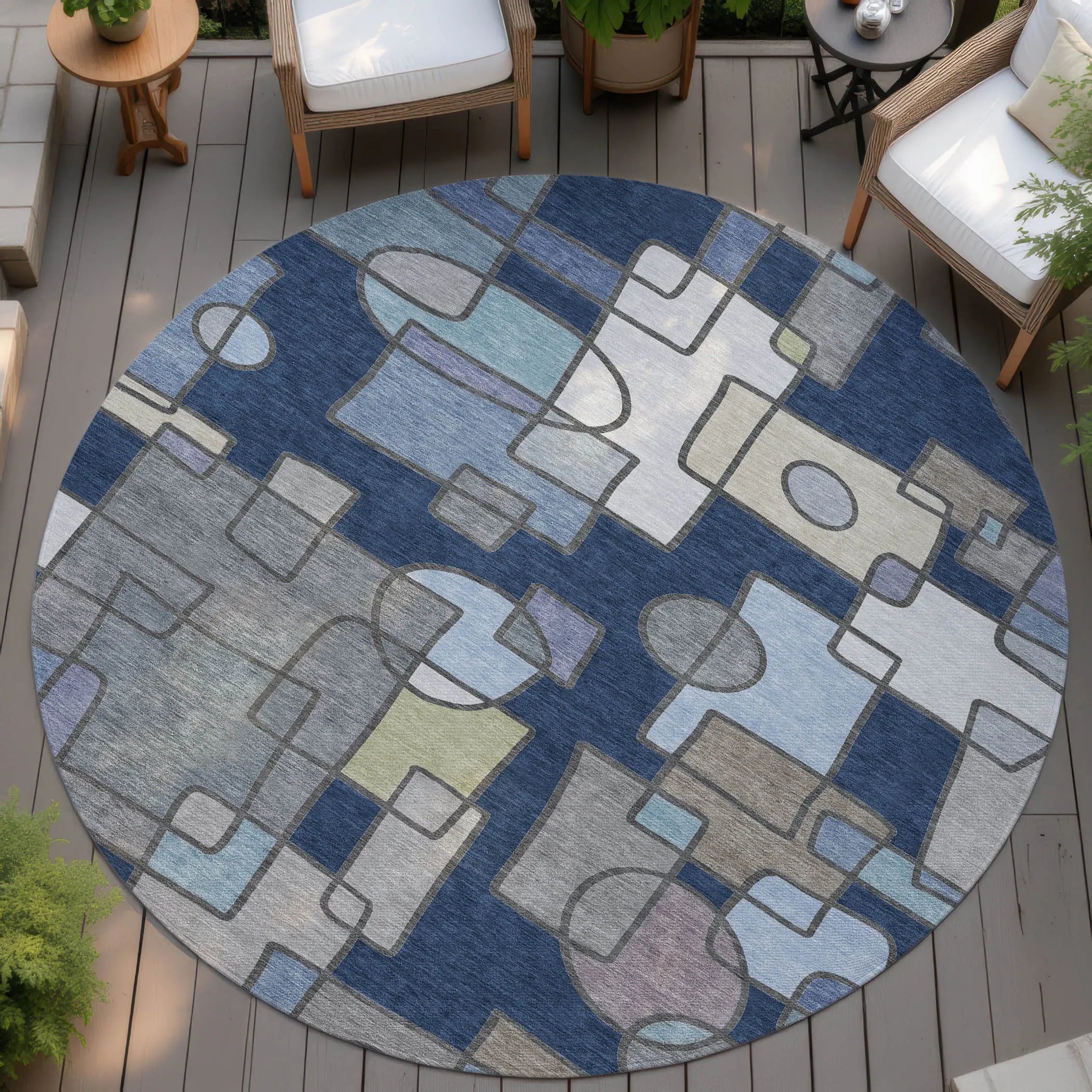 8' Navy Blue And Sky Blue Round Geometric Washable Indoor Outdoor Area Rug Homeroots Outdoor