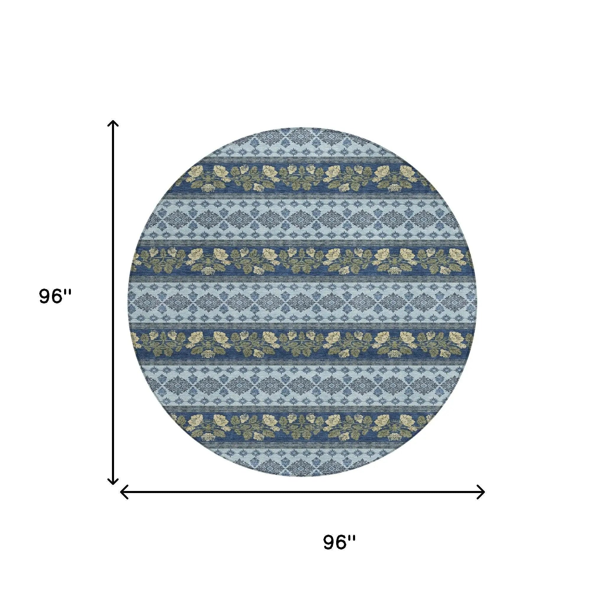8' Navy Blue And Sky Blue Round Striped Washable Indoor Outdoor Area Rug Homeroots Outdoor