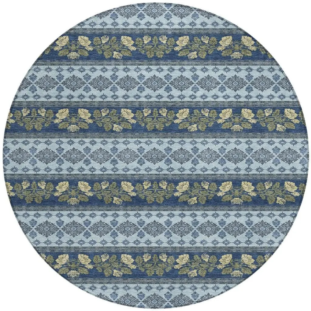 8' Navy Blue And Sky Blue Round Striped Washable Indoor Outdoor Area Rug Homeroots Outdoor