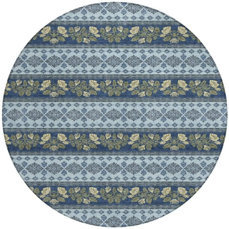 8' Navy Blue And Sky Blue Round Striped Washable Indoor Outdoor Area Rug Homeroots Outdoor