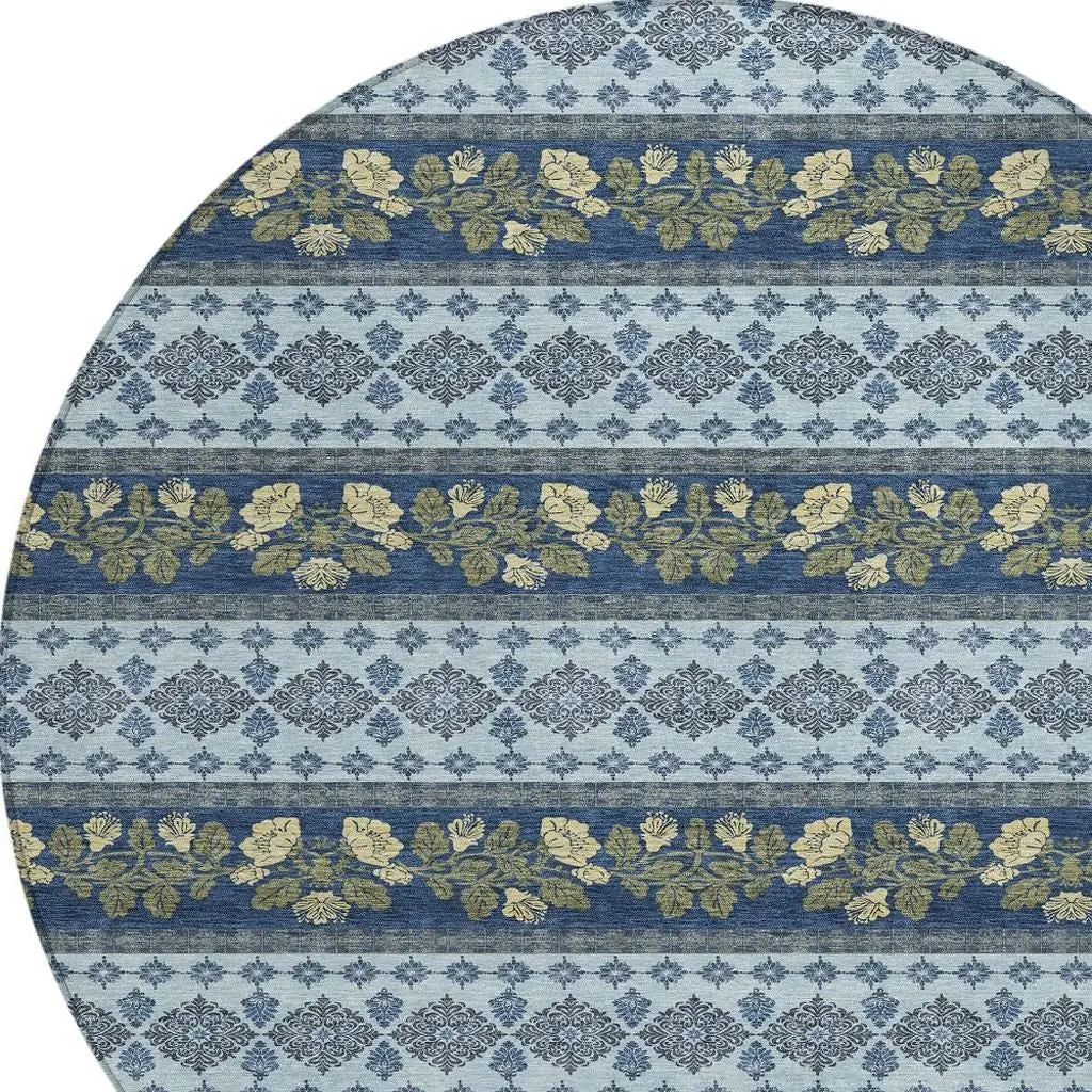 8' Navy Blue And Sky Blue Round Striped Washable Indoor Outdoor Area Rug Homeroots Outdoor