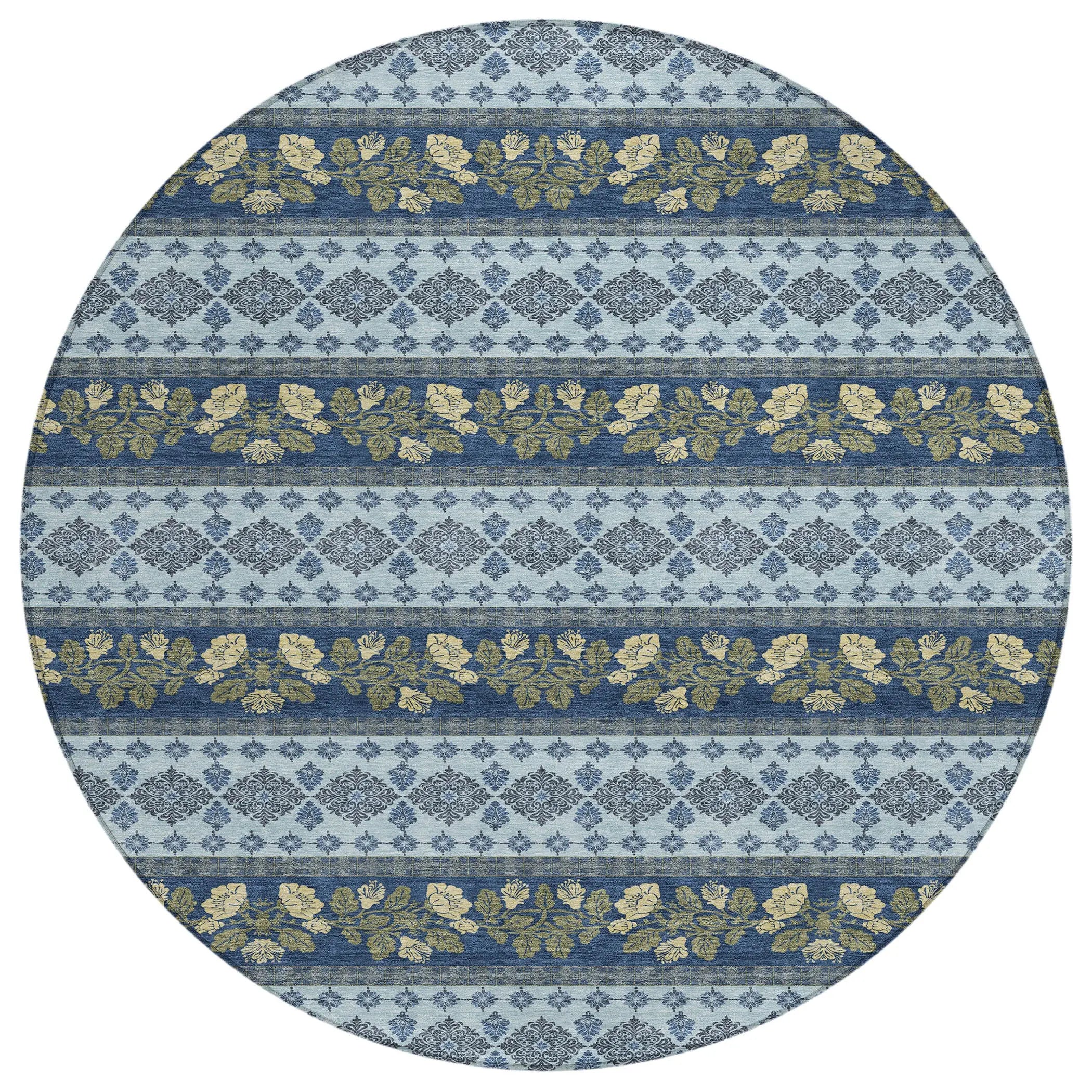 8' Navy Blue And Sky Blue Round Striped Washable Indoor Outdoor Area Rug Homeroots Outdoor