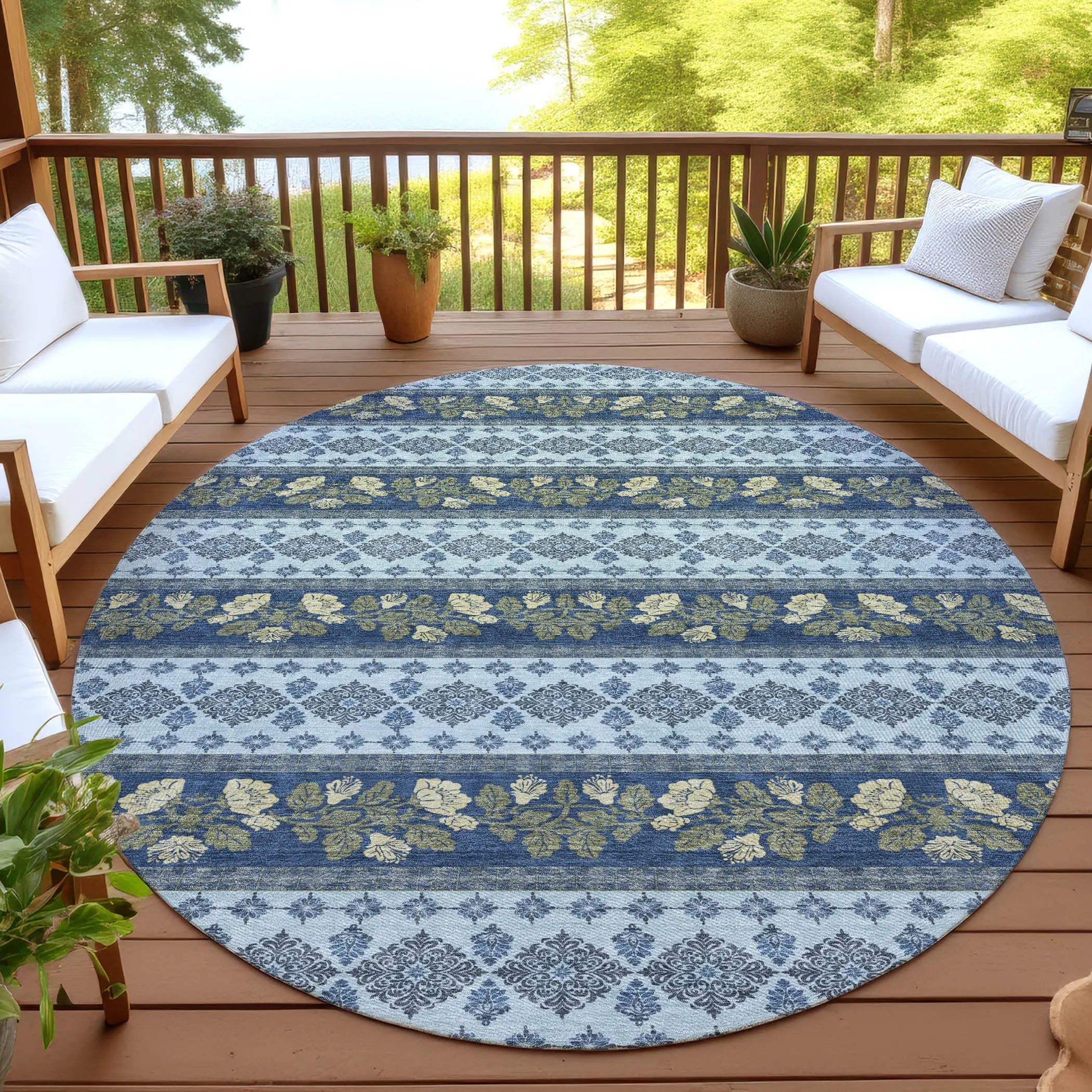 8' Navy Blue And Sky Blue Round Striped Washable Indoor Outdoor Area Rug Homeroots Outdoor
