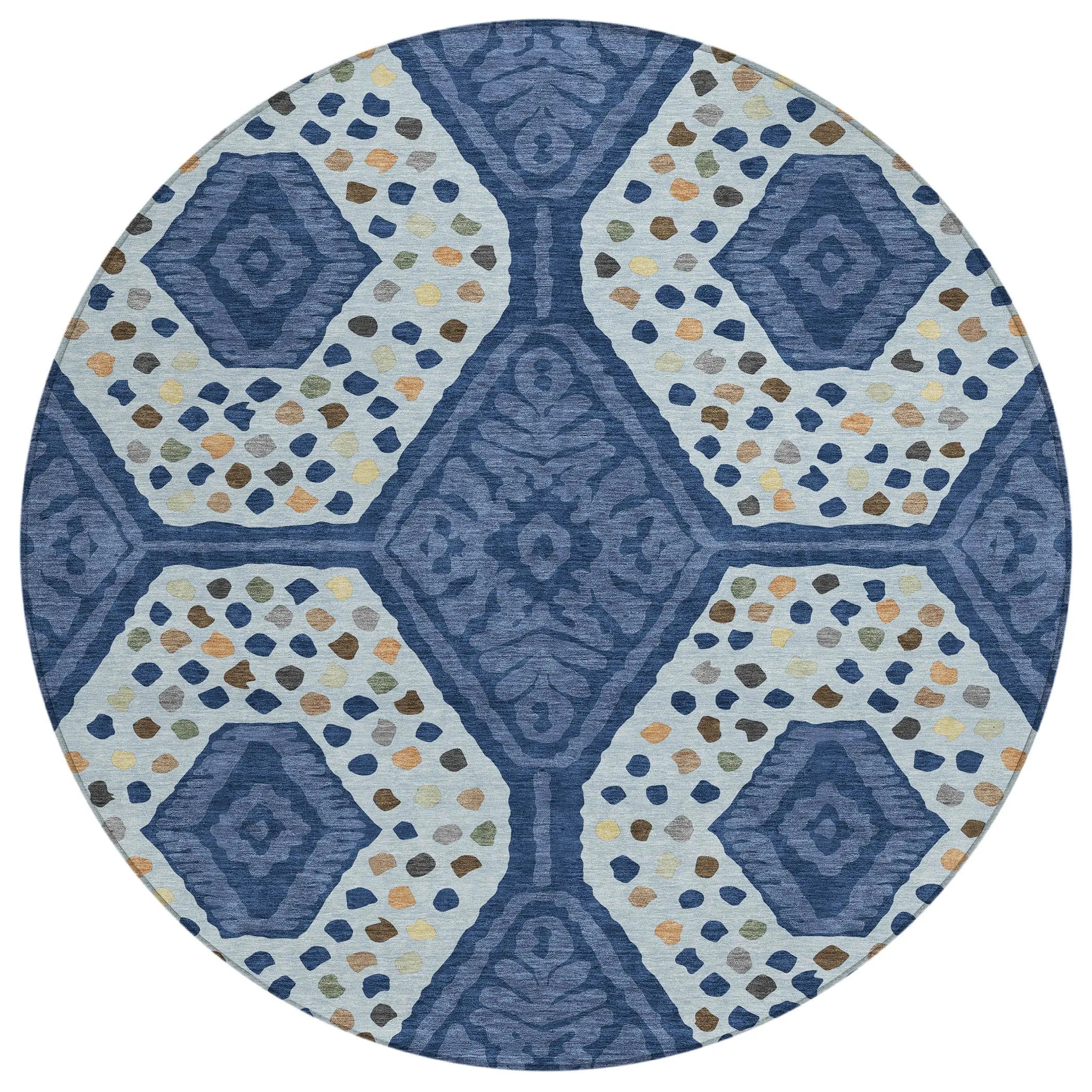 8' Navy Blue And Sky Blue Round Tribal Washable Indoor Outdoor Area Rug Homeroots Outdoor