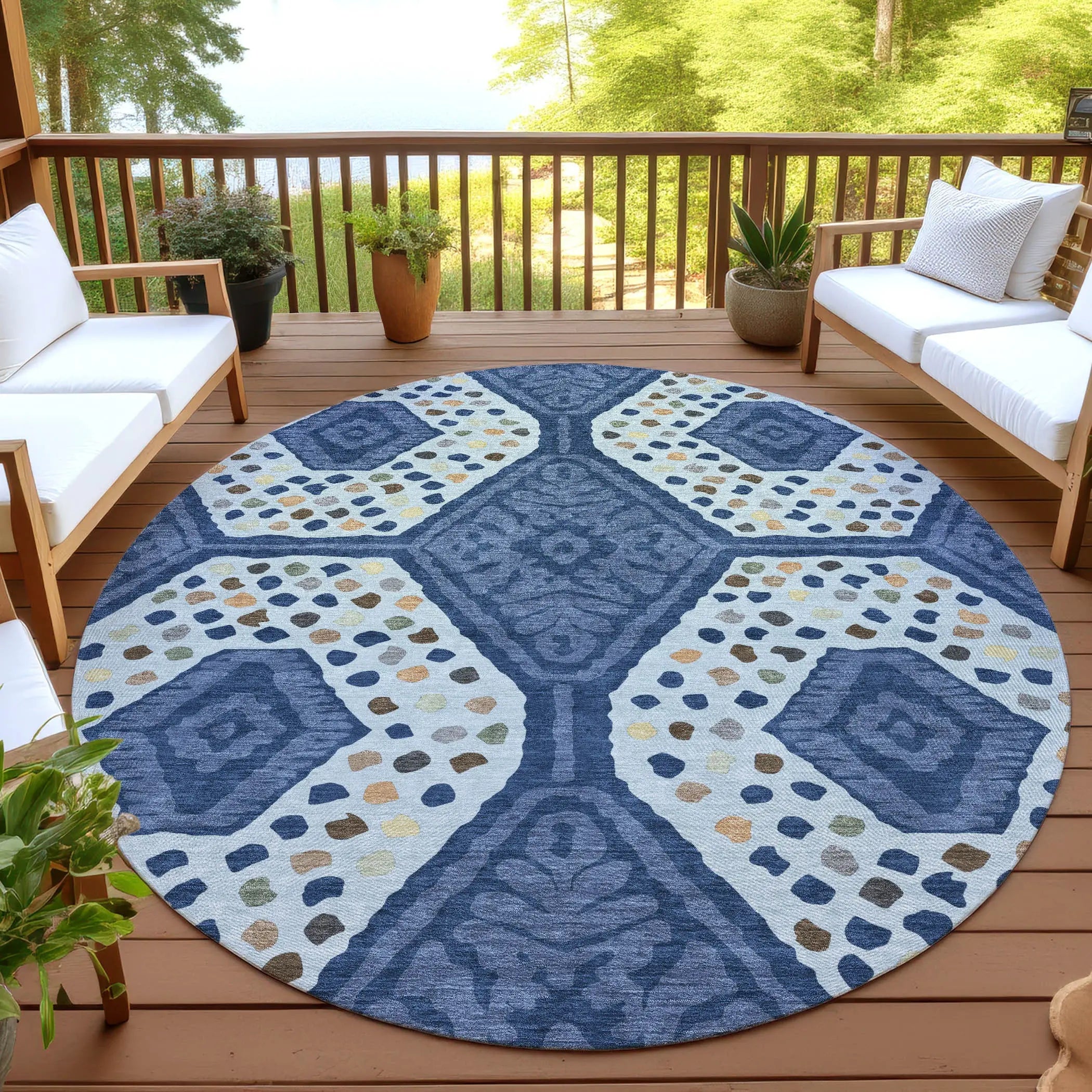 8' Navy Blue And Sky Blue Round Tribal Washable Indoor Outdoor Area Rug Homeroots Outdoor