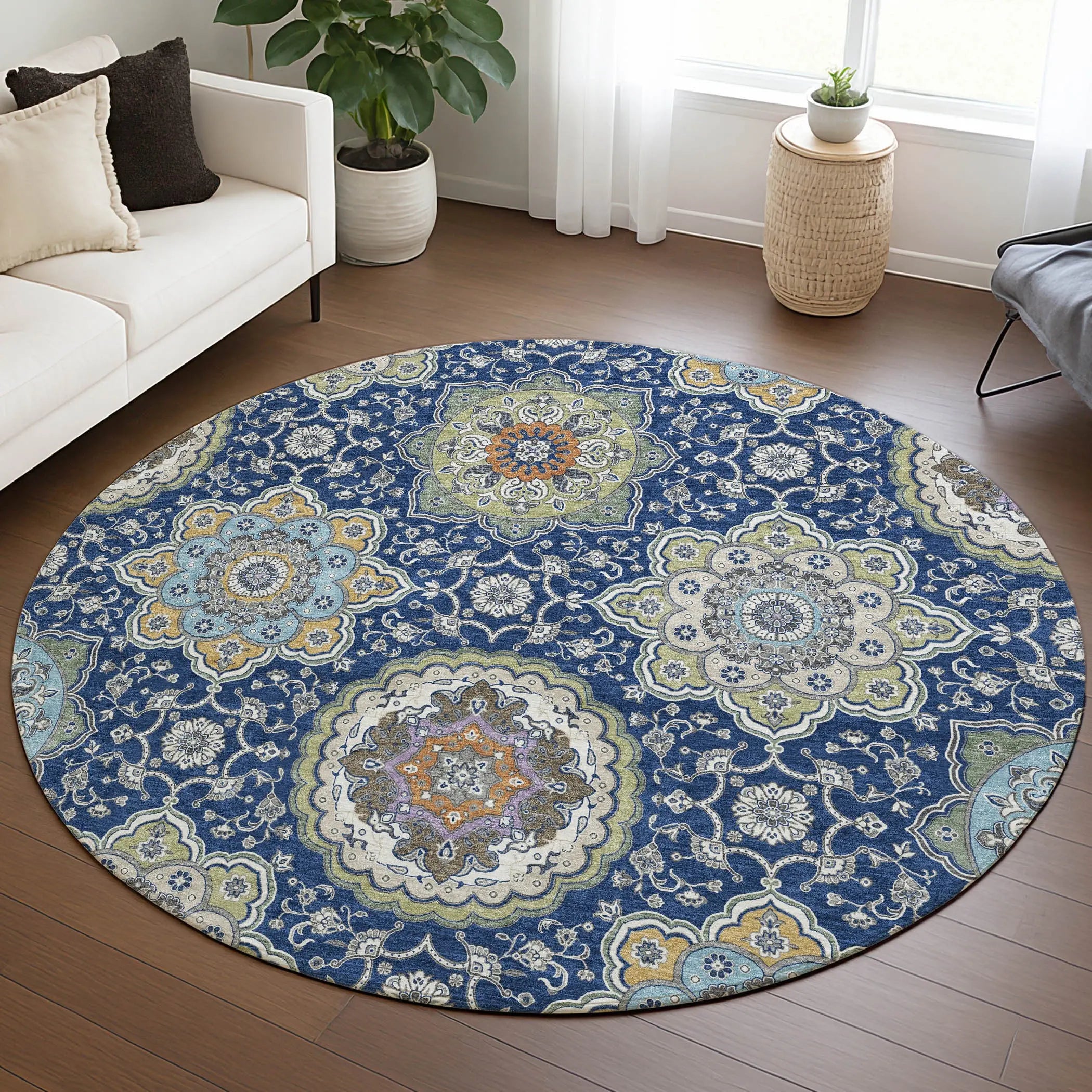8' Navy Blue And Taupe Round Floral Medallion Washable Indoor Outdoor Area Rug Homeroots Outdoor