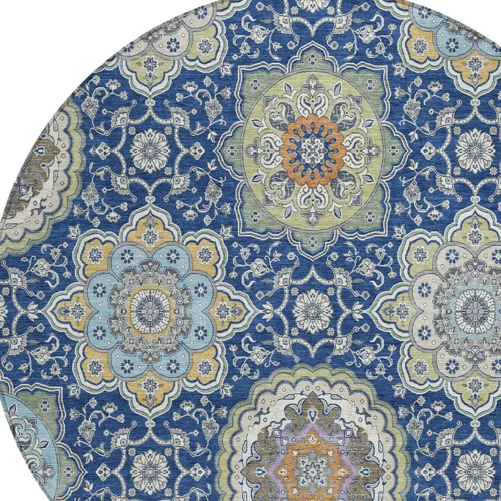 8' Navy Blue And Taupe Round Floral Medallion Washable Indoor Outdoor Area Rug Homeroots Outdoor