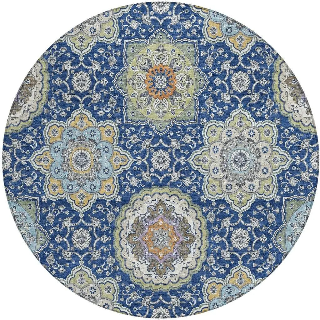 8' Navy Blue And Taupe Round Floral Medallion Washable Indoor Outdoor Area Rug Homeroots Outdoor