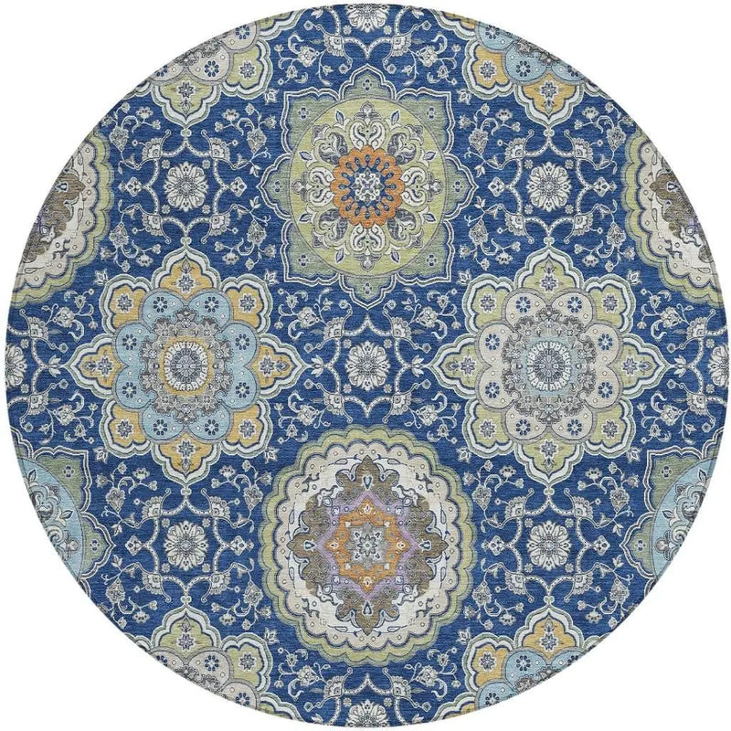 8' Navy Blue And Taupe Round Floral Medallion Washable Indoor Outdoor Area Rug Homeroots Outdoor