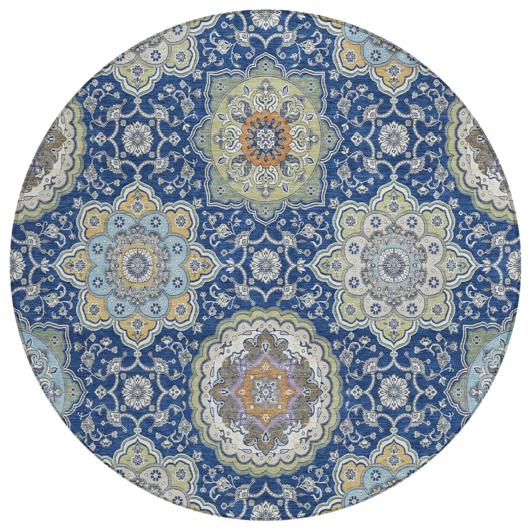 8' Navy Blue And Taupe Round Floral Medallion Washable Indoor Outdoor Area Rug Homeroots Outdoor