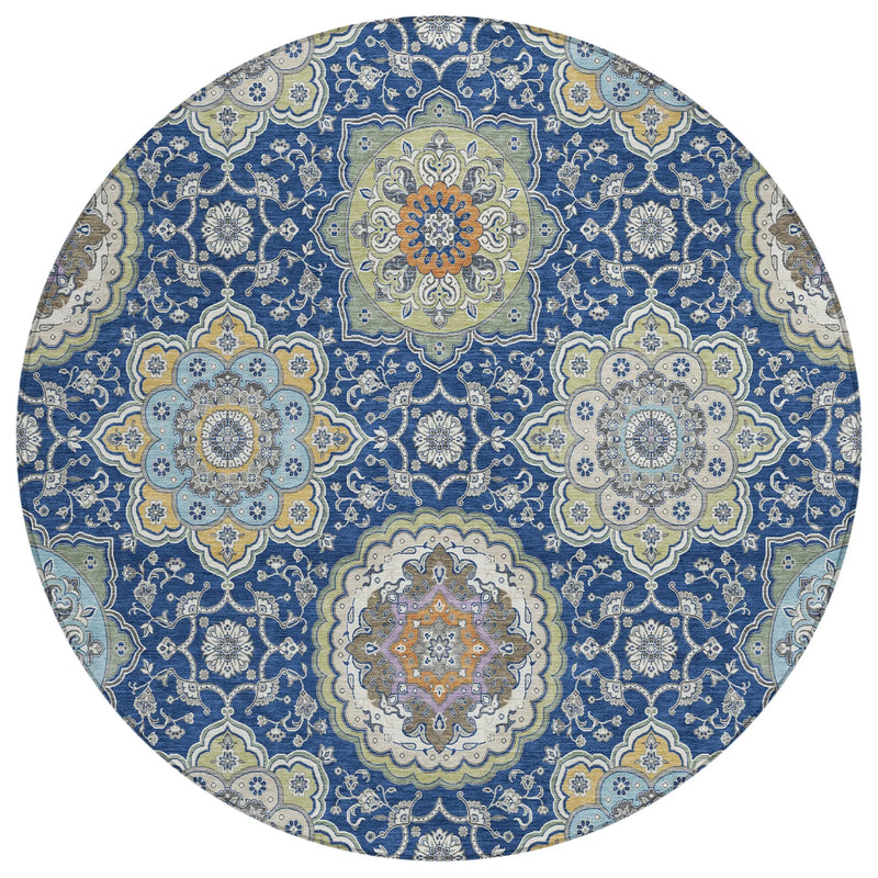 8' Navy Blue And Taupe Round Floral Medallion Washable Indoor Outdoor Area Rug Homeroots Outdoor