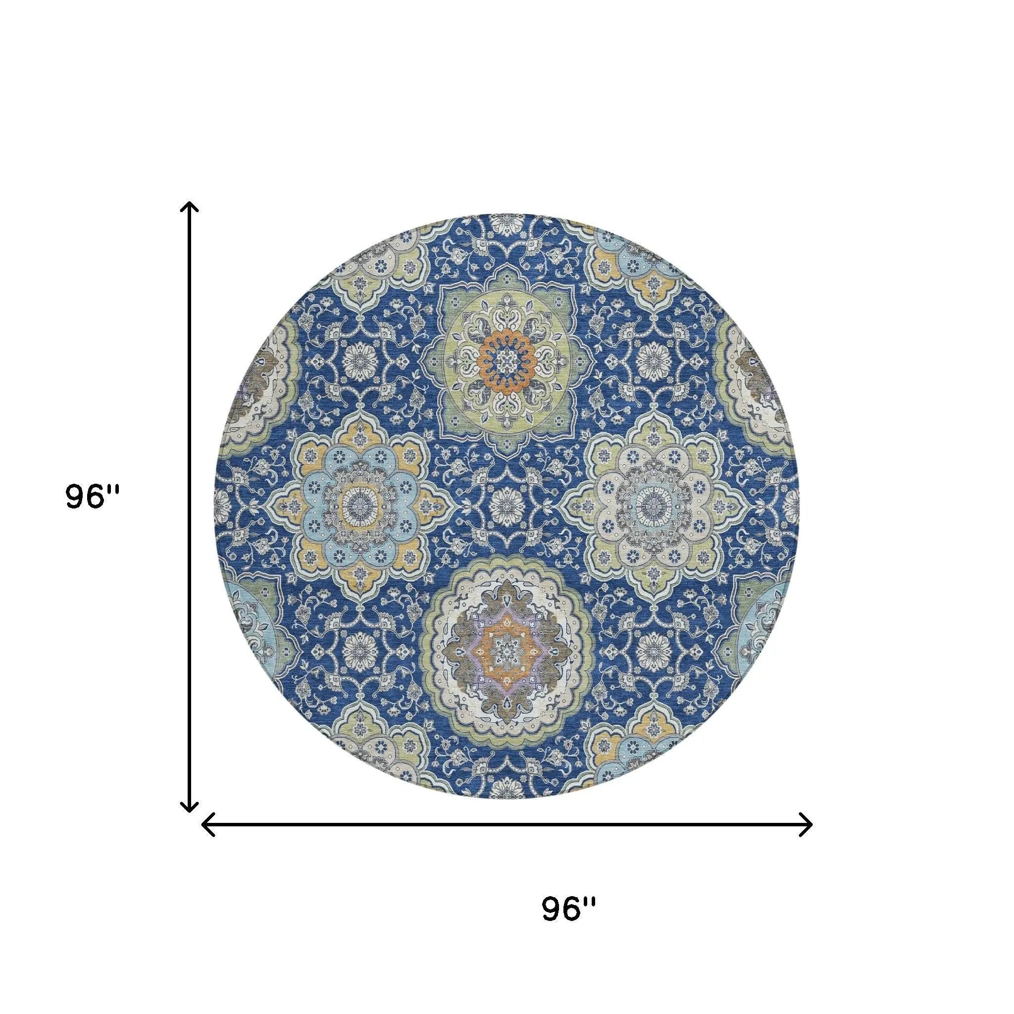 8' Navy Blue And Taupe Round Floral Medallion Washable Indoor Outdoor Area Rug Homeroots Outdoor