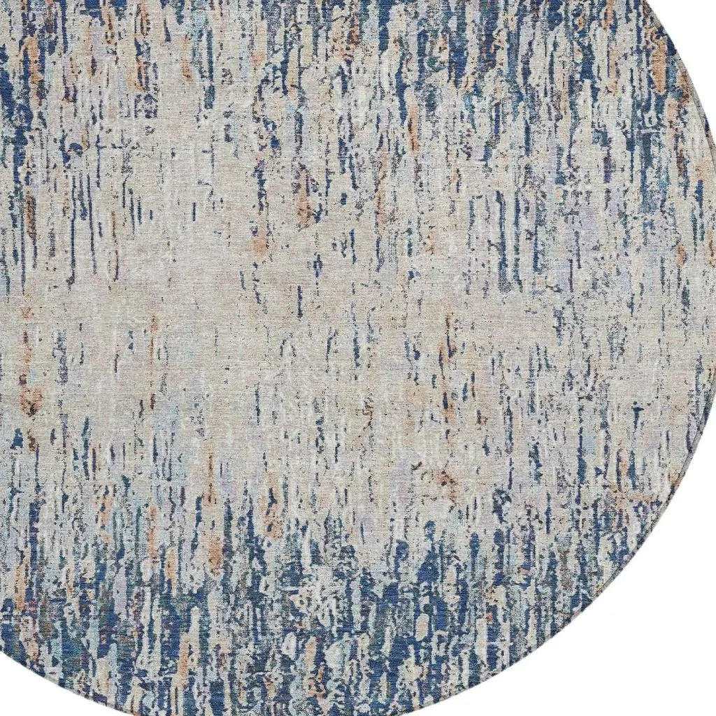 8' Navy Blue And Taupe Round Striped Washable Indoor Outdoor Area Rug Homeroots Outdoor