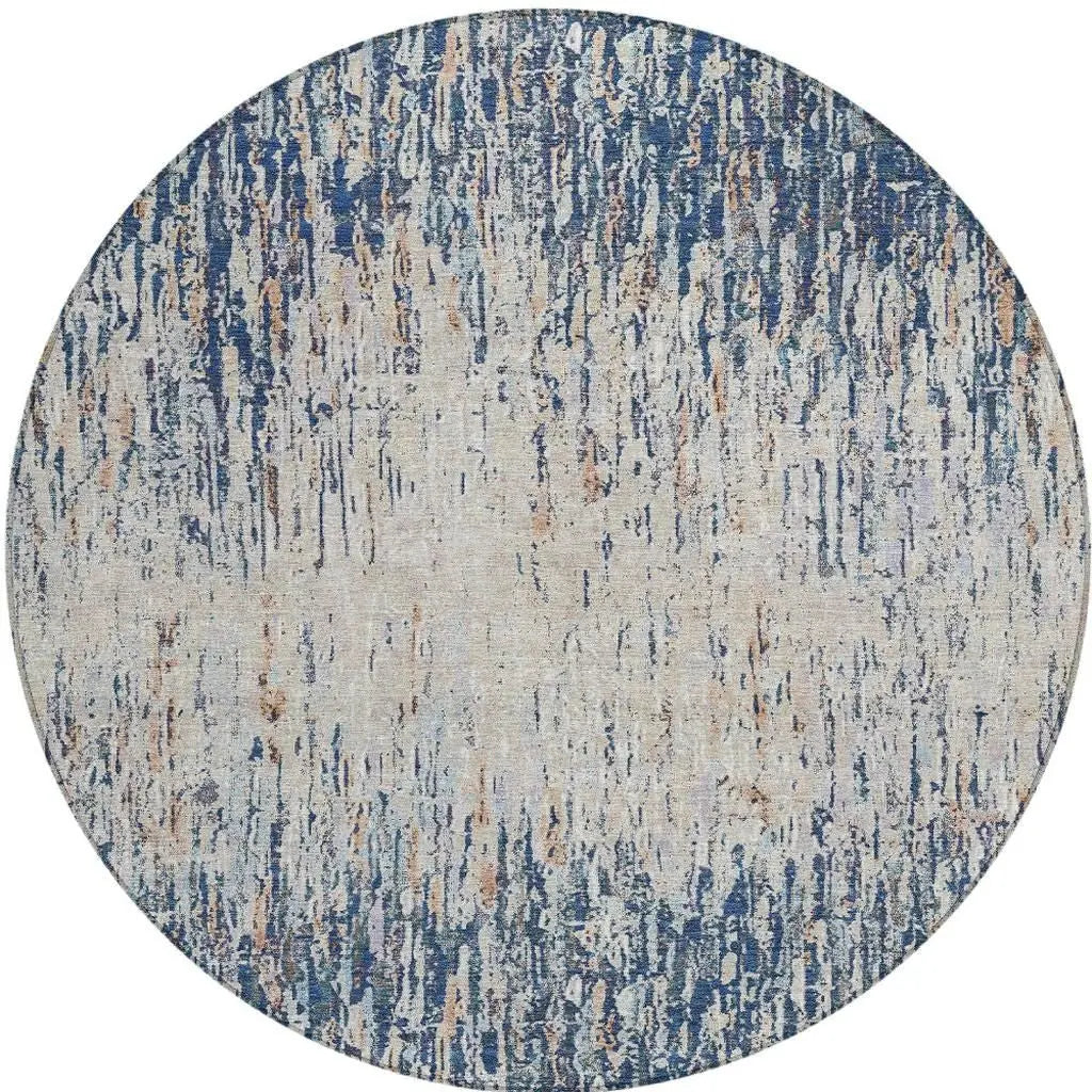 8' Navy Blue And Taupe Round Striped Washable Indoor Outdoor Area Rug Homeroots Outdoor