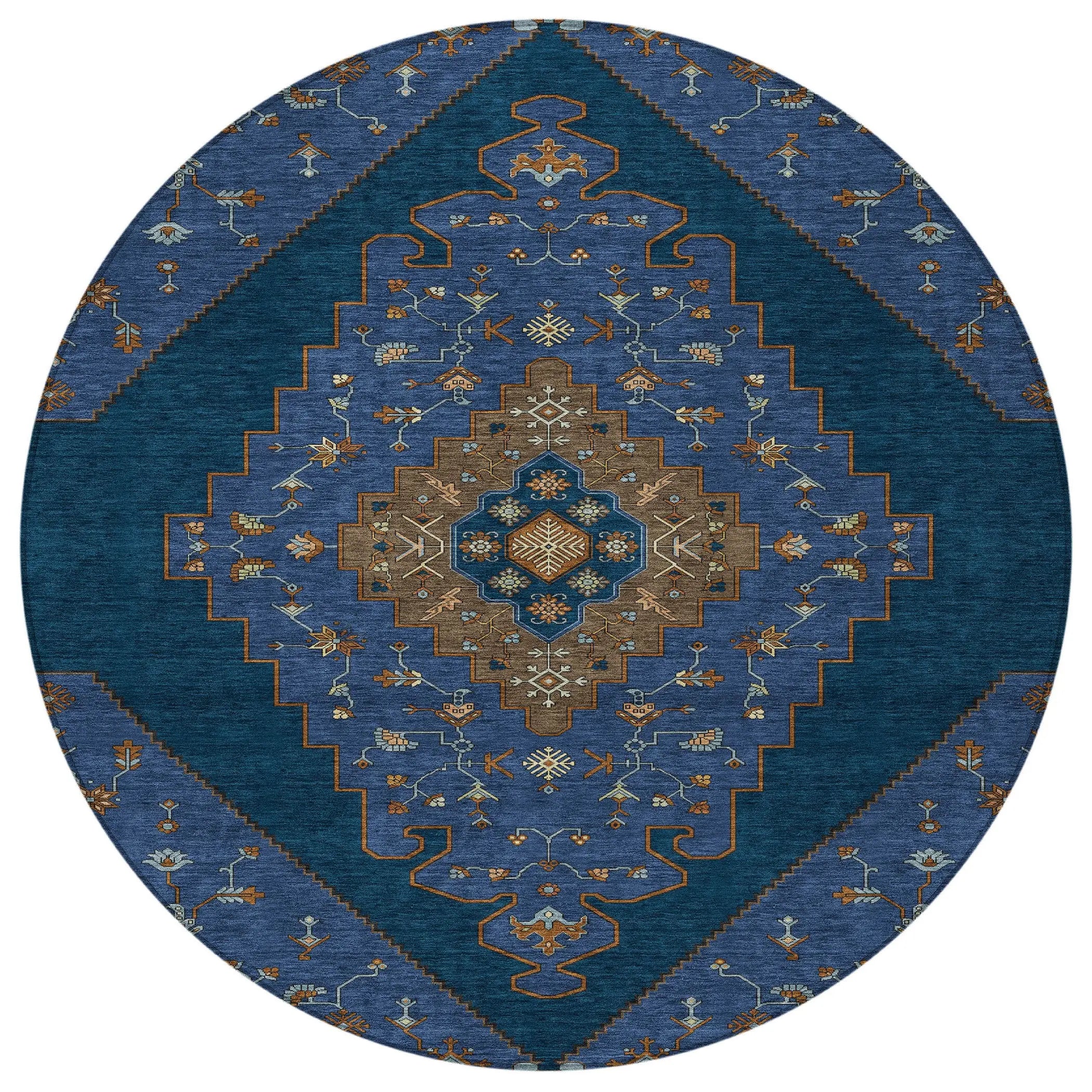 8' Navy Blue And Teal Blue Round Geometric Washable Indoor Outdoor Area Rug Homeroots Outdoor