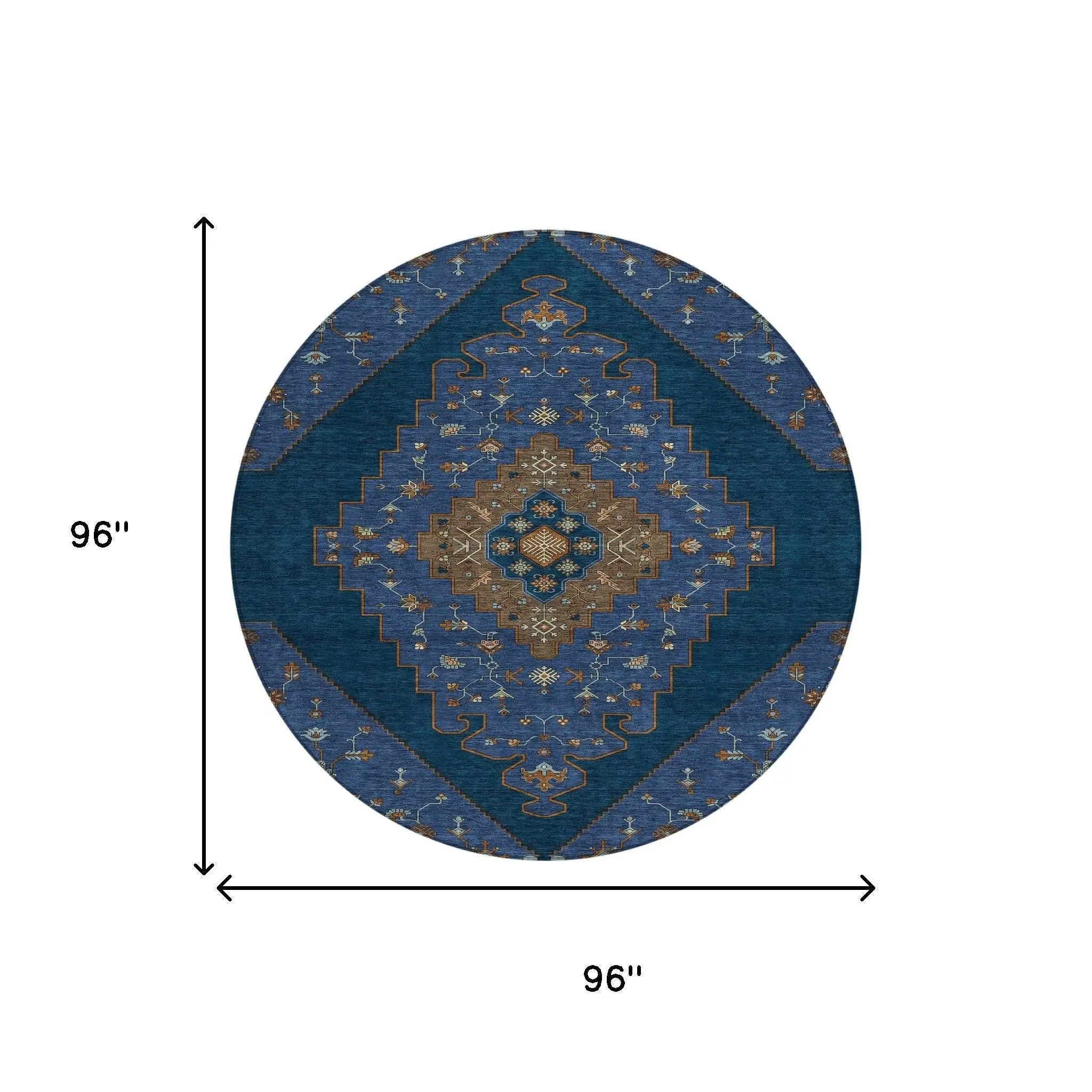 8' Navy Blue And Teal Blue Round Geometric Washable Indoor Outdoor Area Rug Homeroots Outdoor