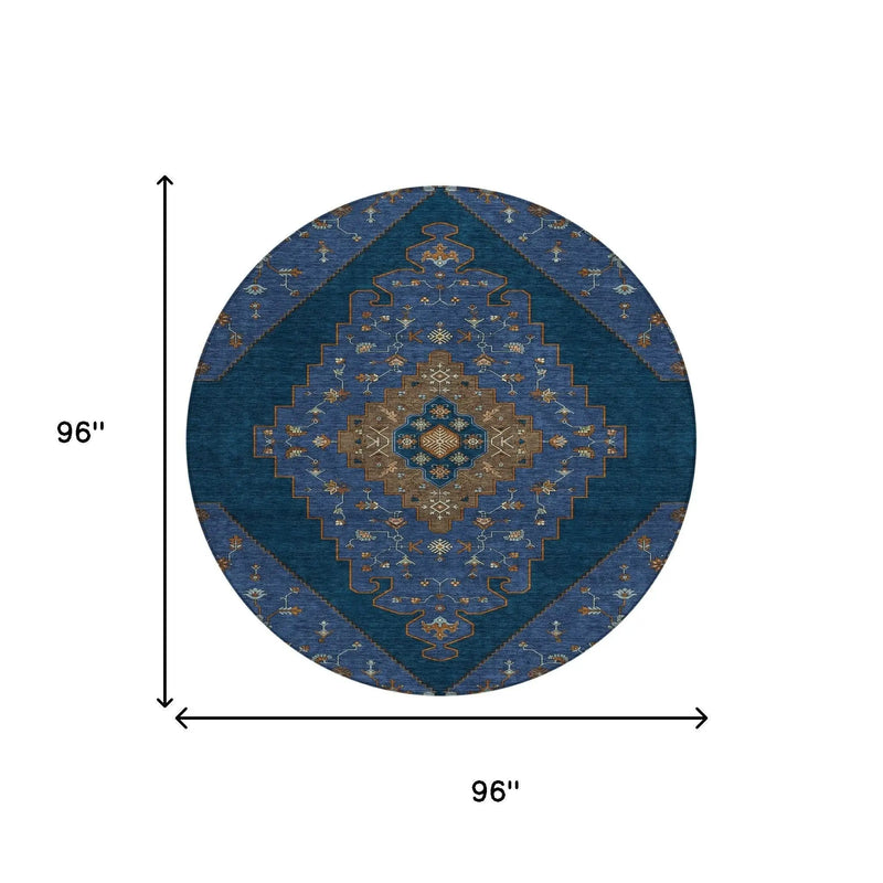 8' Navy Blue And Teal Blue Round Geometric Washable Indoor Outdoor Area Rug Homeroots Outdoor