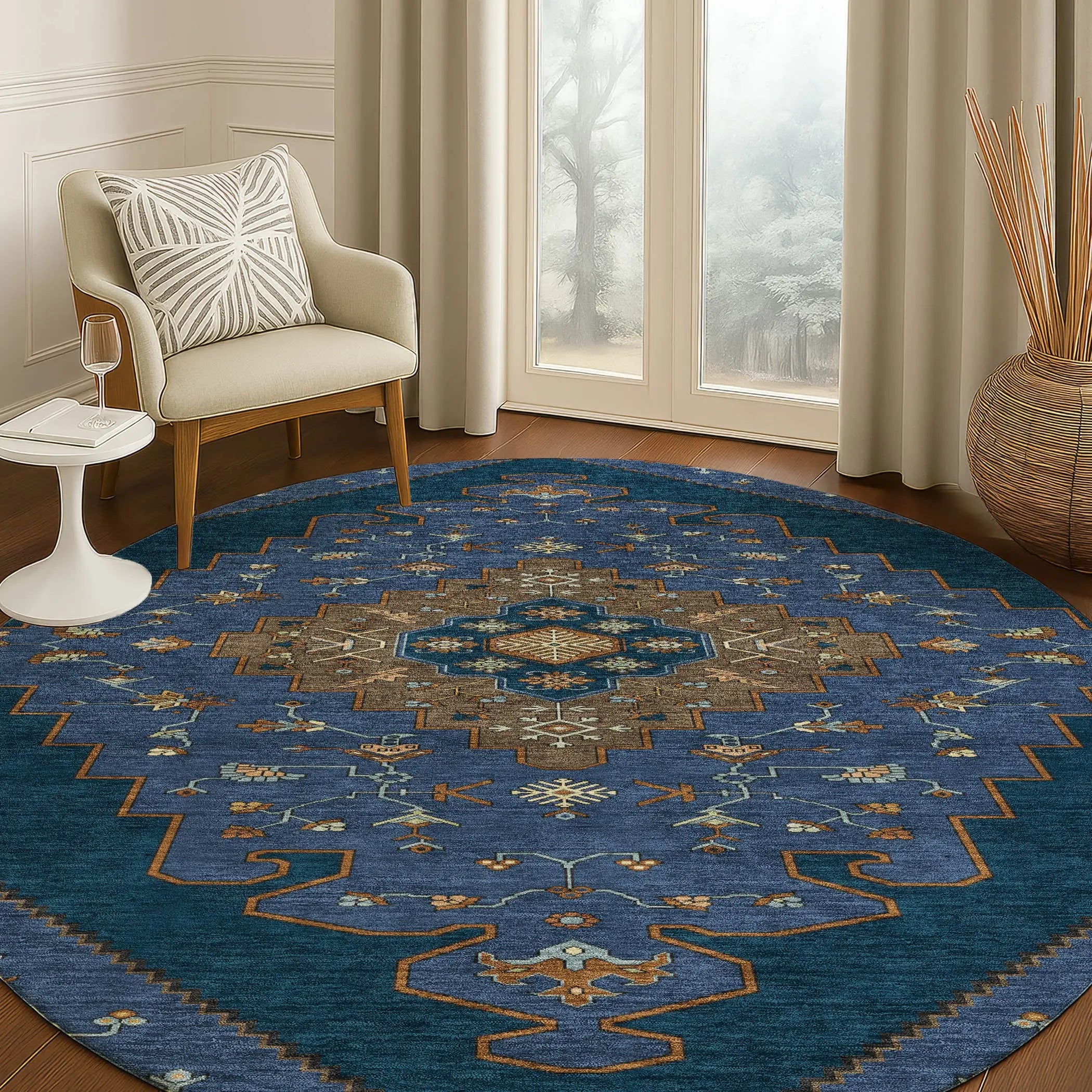 8' Navy Blue And Teal Blue Round Geometric Washable Indoor Outdoor Area Rug Homeroots Outdoor