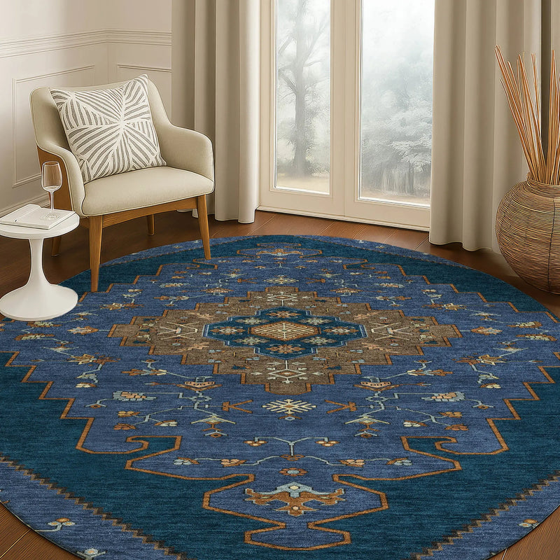 8' Navy Blue And Teal Blue Round Geometric Washable Indoor Outdoor Area Rug Homeroots Outdoor