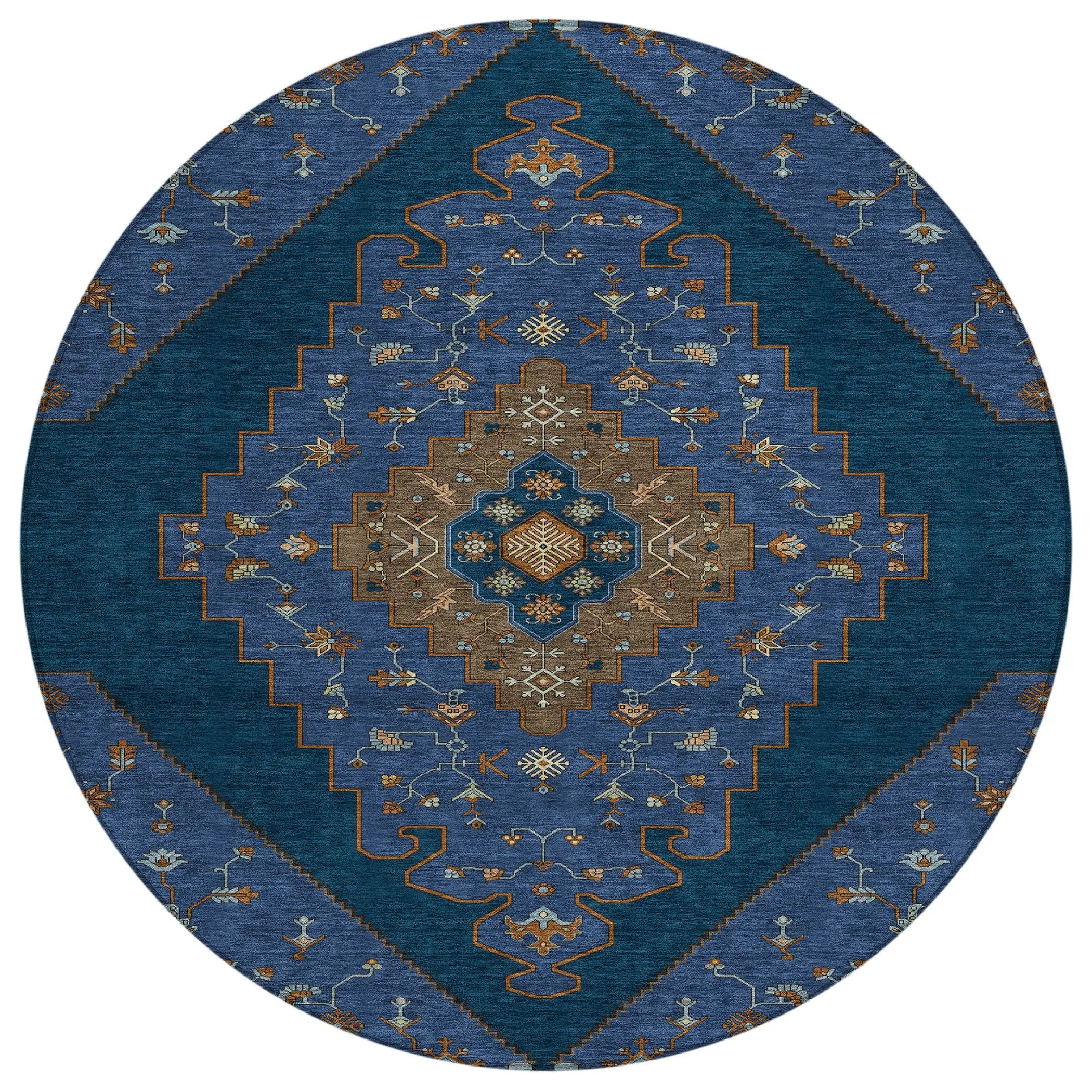 8' Navy Blue And Teal Blue Round Geometric Washable Indoor Outdoor Area Rug Homeroots Outdoor