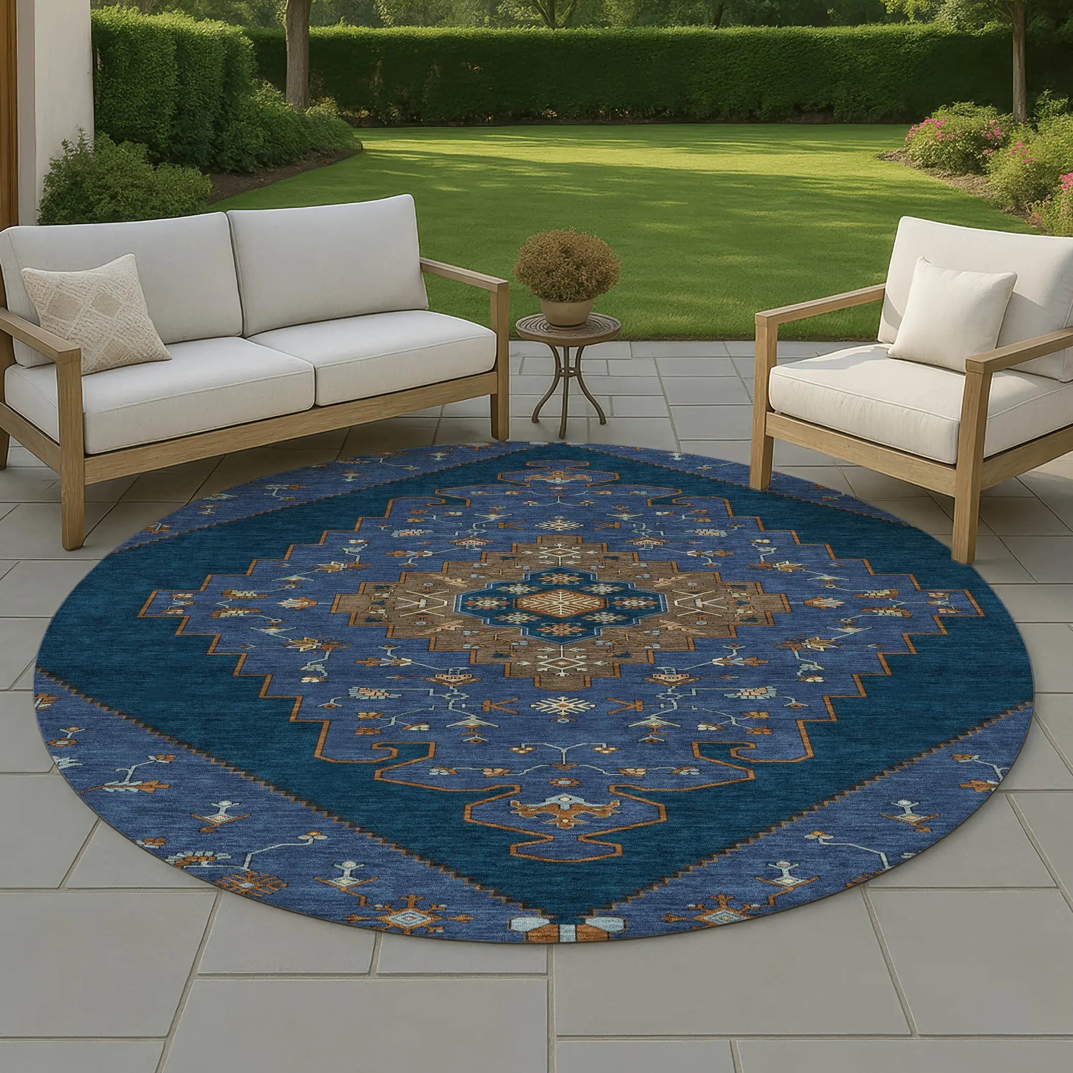 8' Navy Blue And Teal Blue Round Geometric Washable Indoor Outdoor Area Rug Homeroots Outdoor