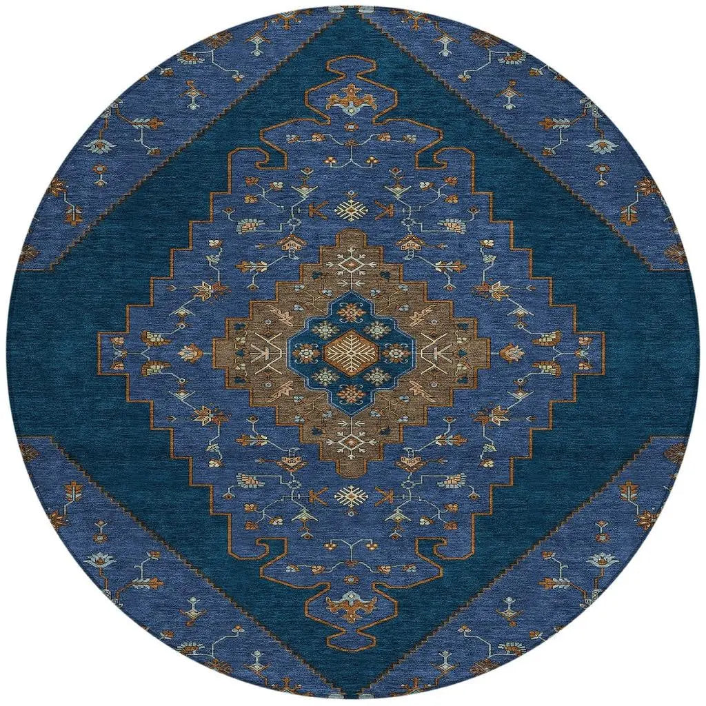 8' Navy Blue And Teal Blue Round Geometric Washable Indoor Outdoor Area Rug Homeroots Outdoor