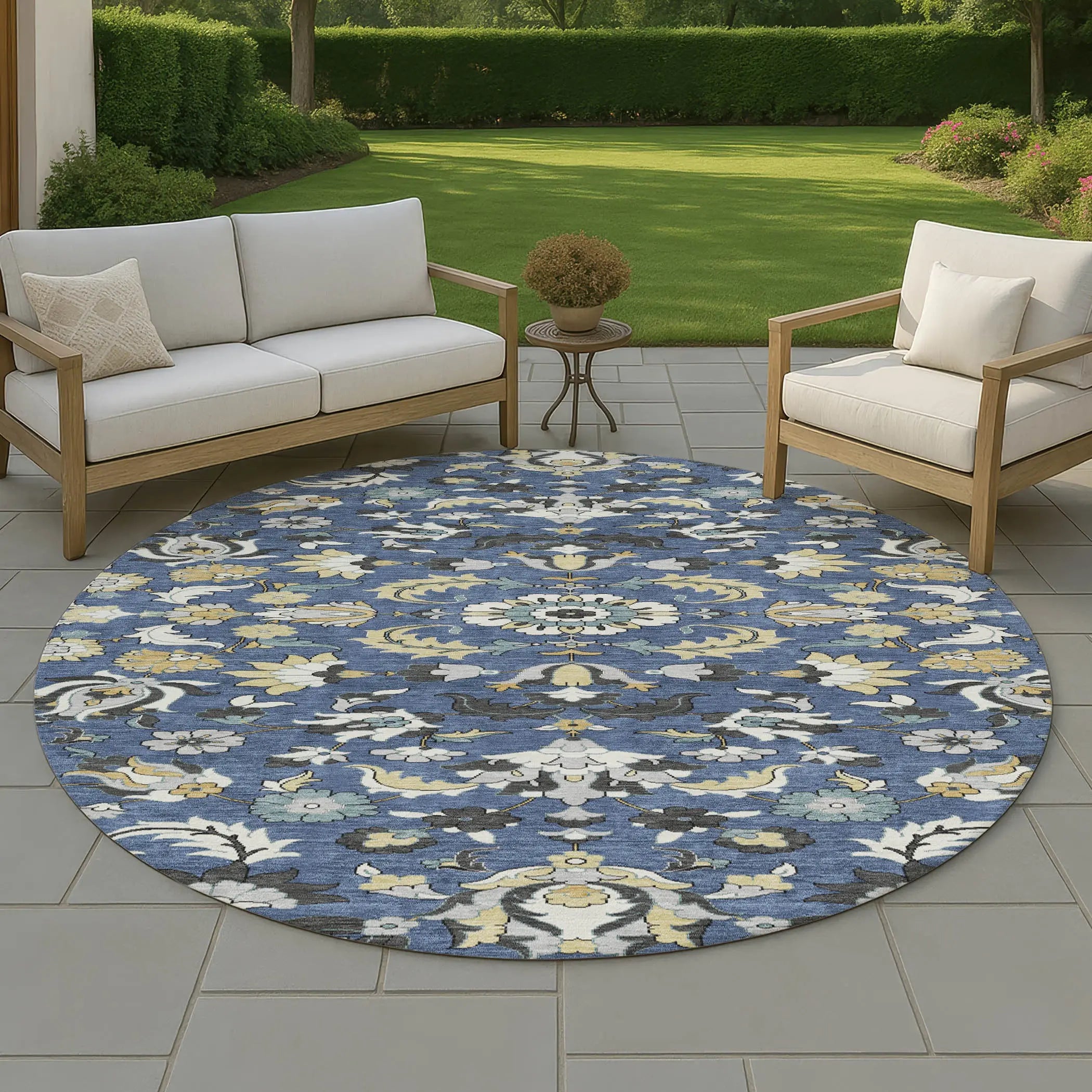 8' Navy Blue And Wheat Round Floral Medallion Washable Indoor Outdoor Area Rug Homeroots Outdoor