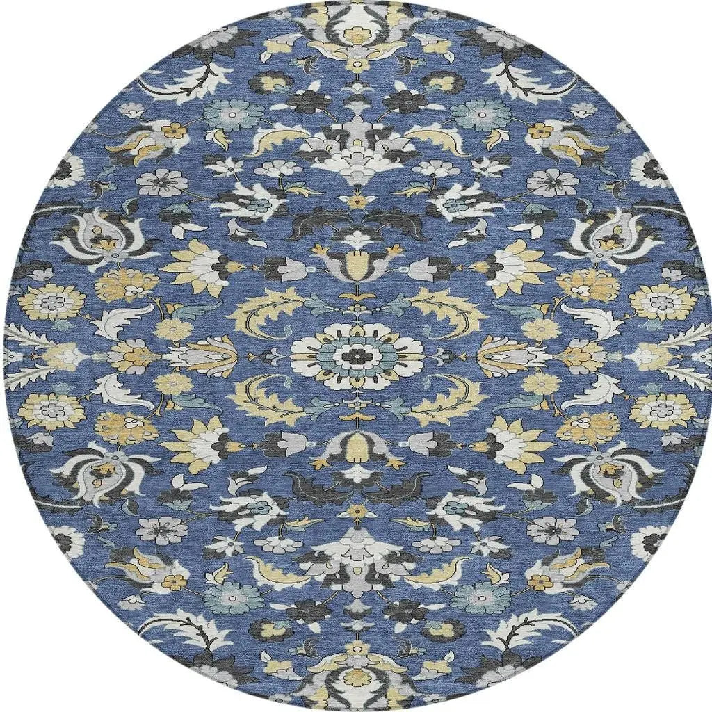 8' Navy Blue And Wheat Round Floral Medallion Washable Indoor Outdoor Area Rug Homeroots Outdoor