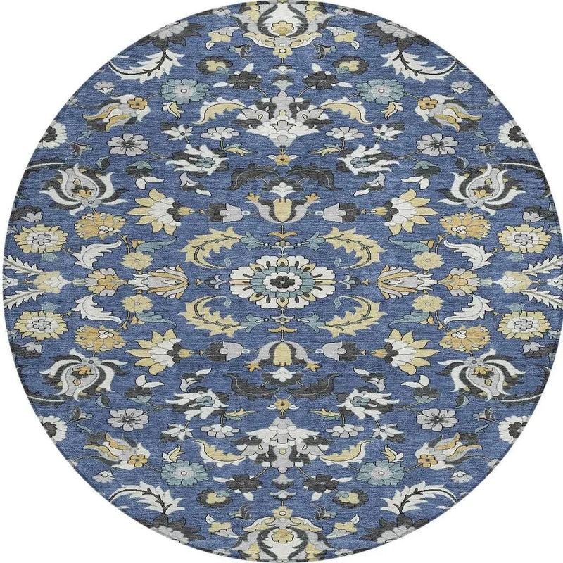 8' Navy Blue And Wheat Round Floral Medallion Washable Indoor Outdoor Area Rug Homeroots Outdoor