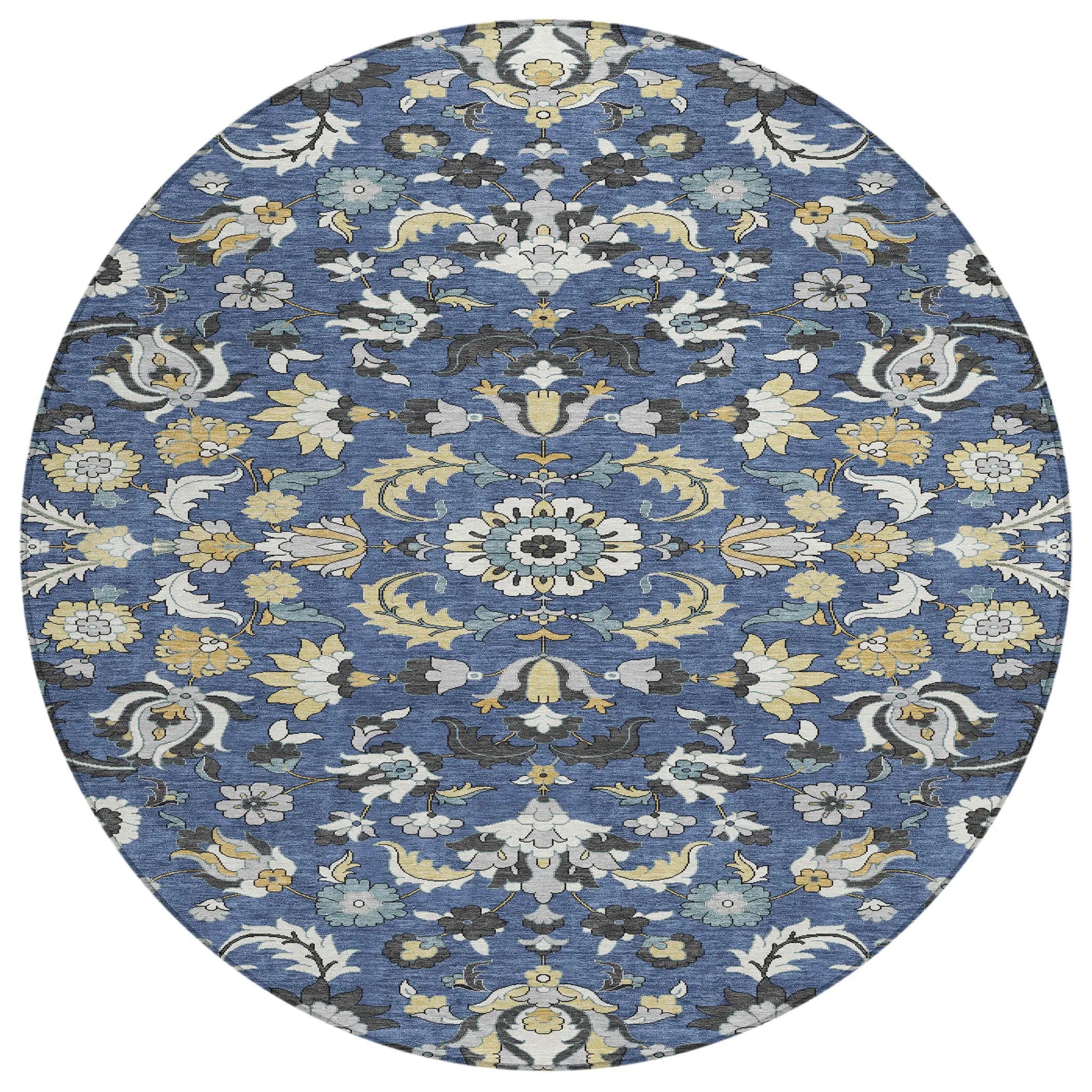 8' Navy Blue And Wheat Round Floral Medallion Washable Indoor Outdoor Area Rug Homeroots Outdoor