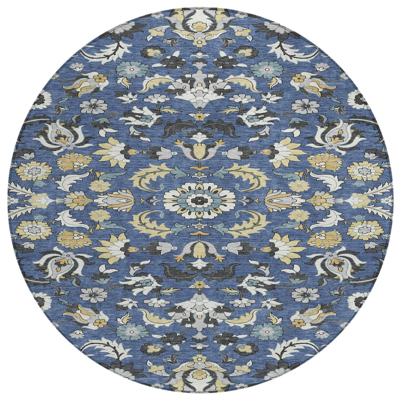 8' Navy Blue And Wheat Round Floral Medallion Washable Indoor Outdoor Area Rug Homeroots Outdoor