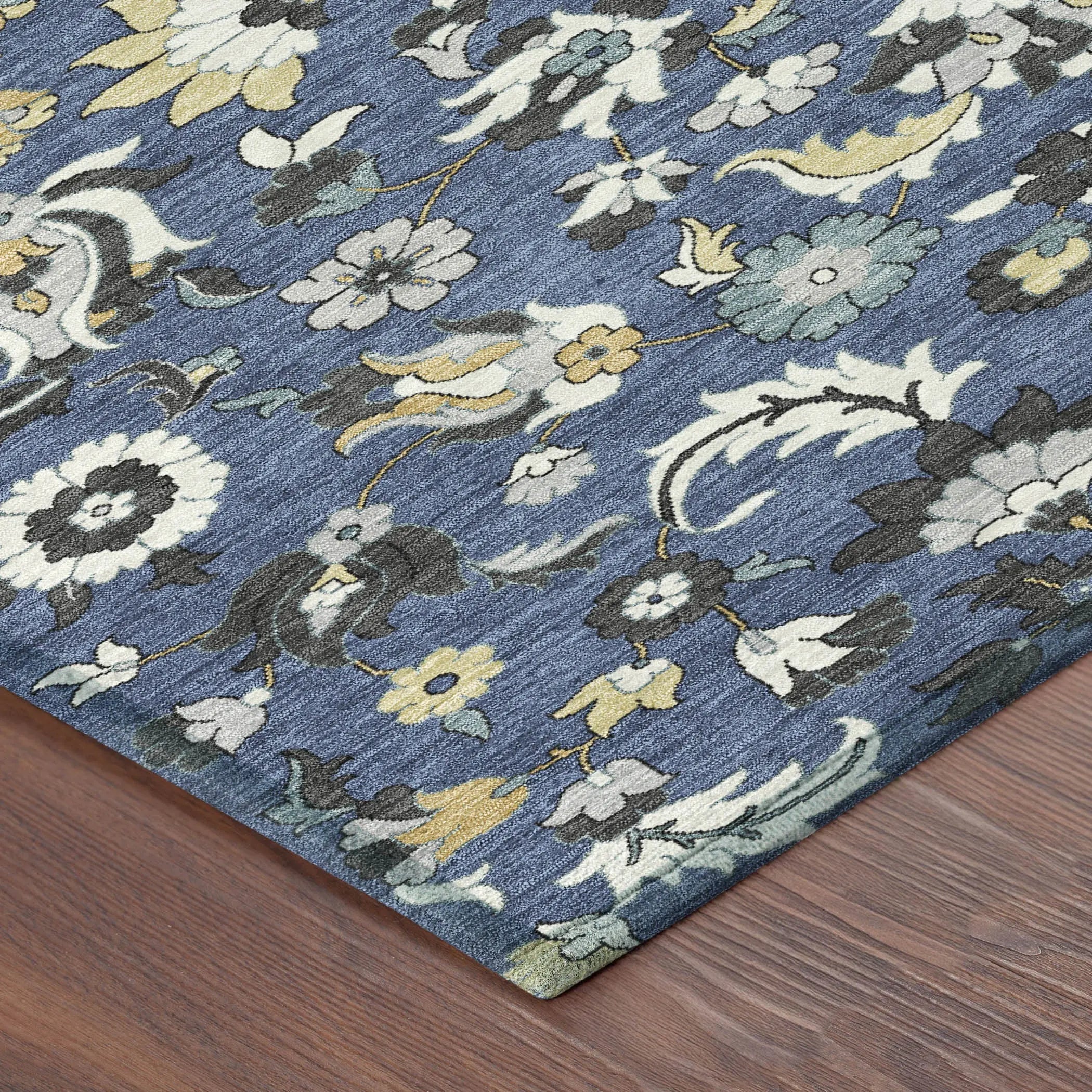 8' Navy Blue And Wheat Round Floral Medallion Washable Indoor Outdoor Area Rug Homeroots Outdoor