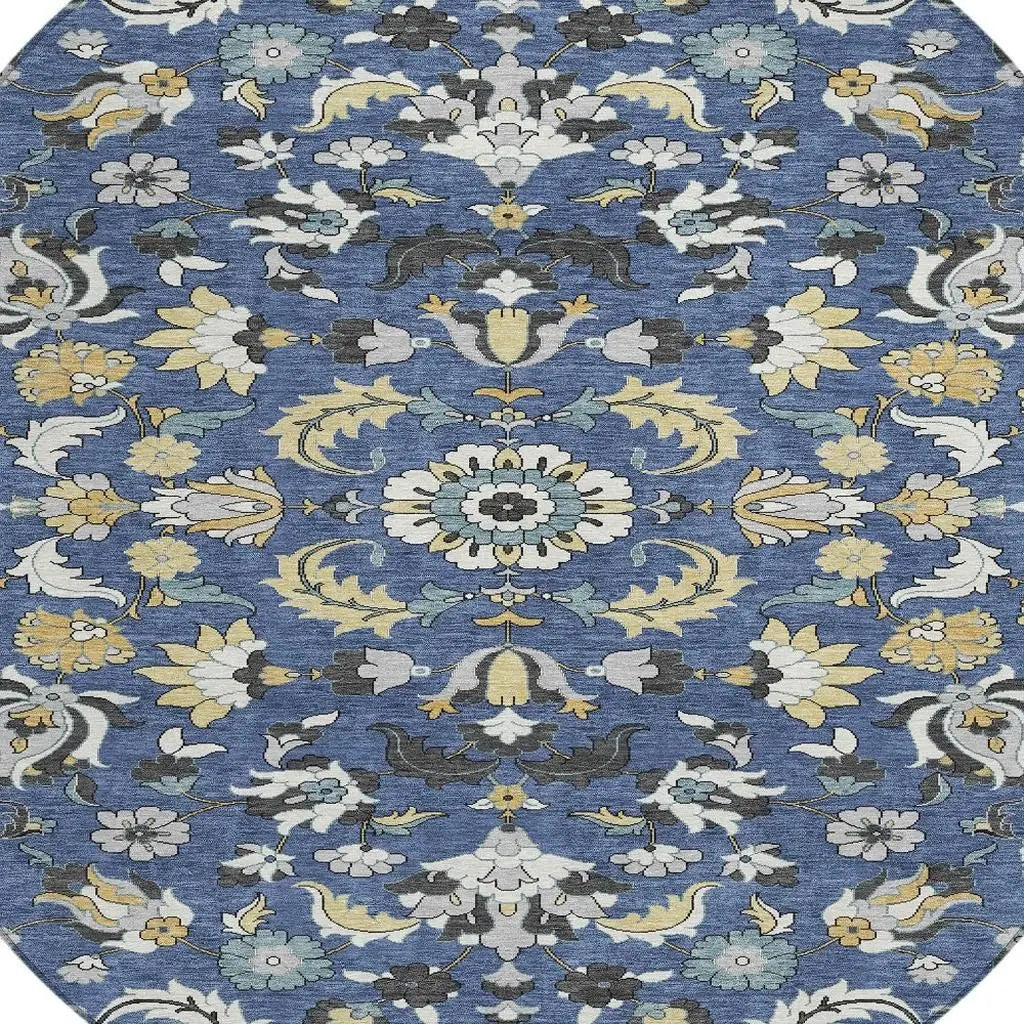 8' Navy Blue And Wheat Round Floral Medallion Washable Indoor Outdoor Area Rug Homeroots Outdoor