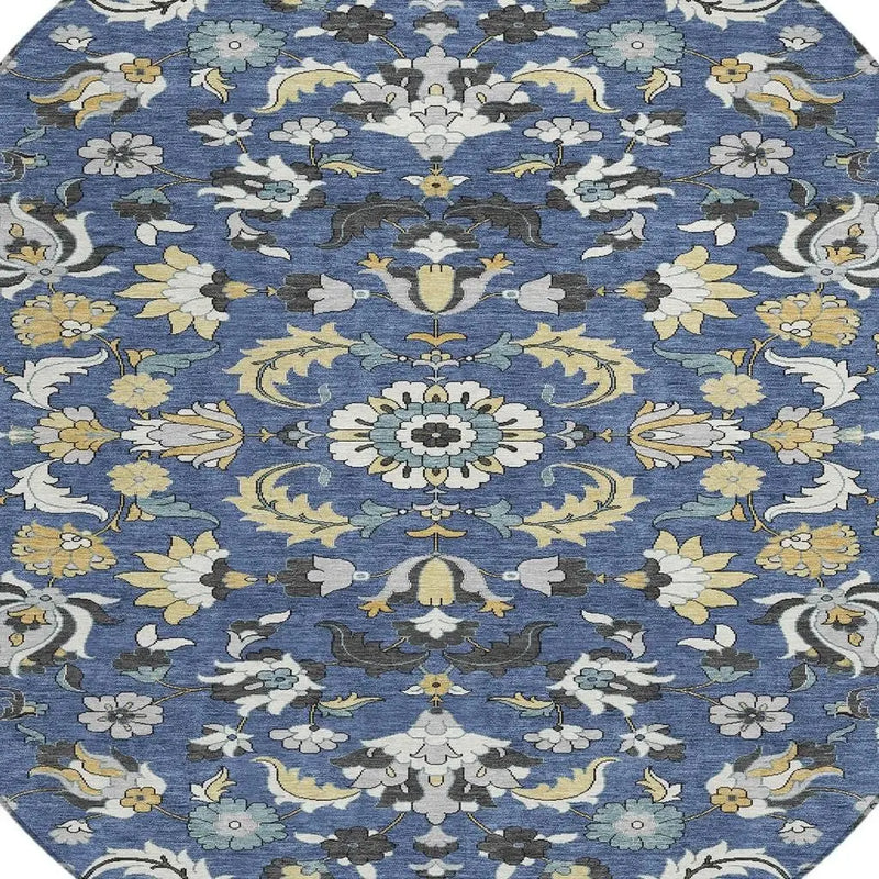 8' Navy Blue And Wheat Round Floral Medallion Washable Indoor Outdoor Area Rug Homeroots Outdoor